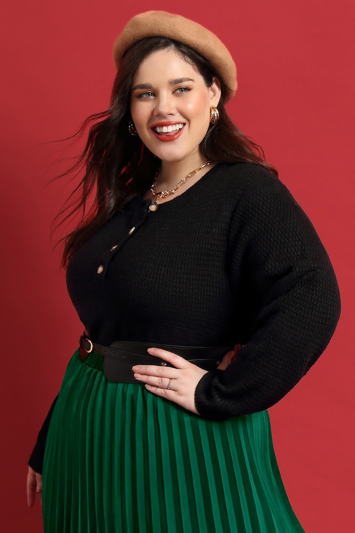 Solid Button Up Crewneck Cashmere Knitted Sweater