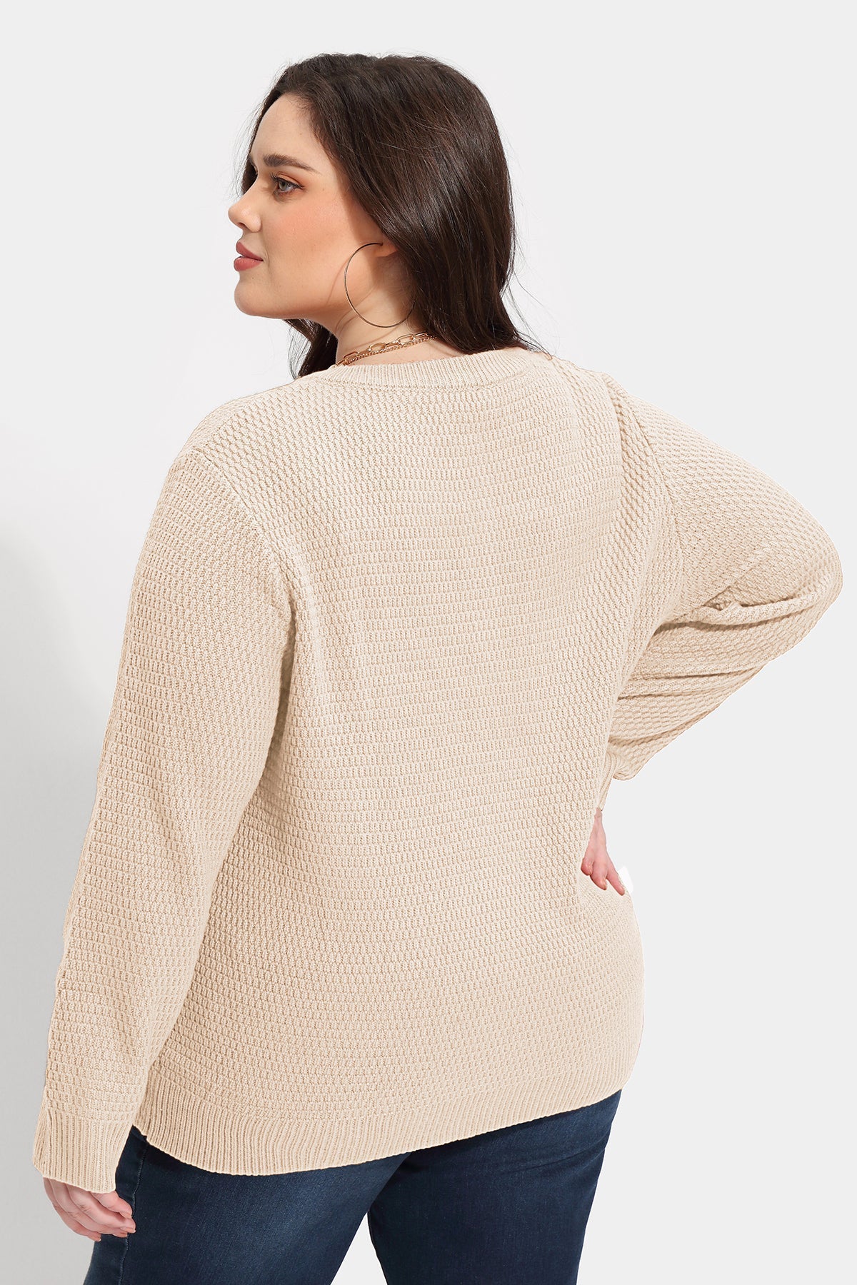 Solid Button Up Crewneck Cashmere Knitted Sweater