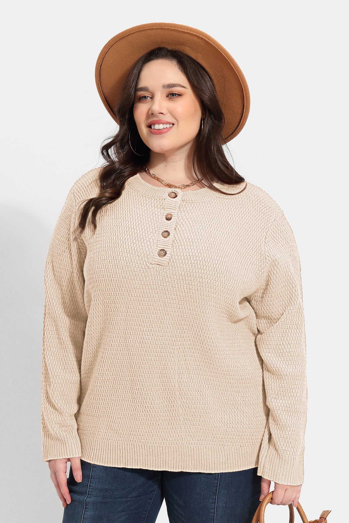 Solid Button Up Crewneck Cashmere Knitted Sweater