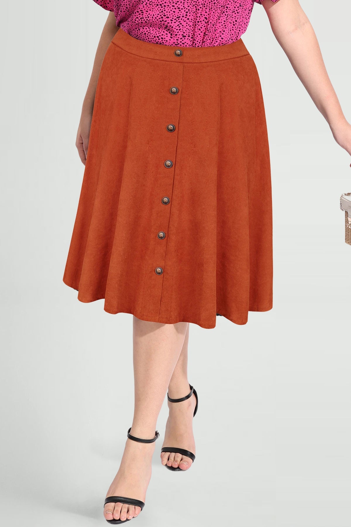 Solid Button Detail Zipper Rise Waist Midi Skirt