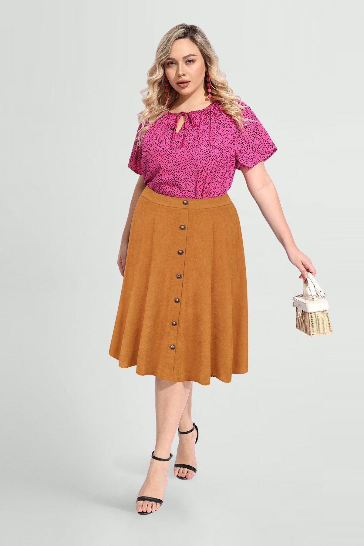 Solid Button Detail Zipper Rise Waist Midi Skirt