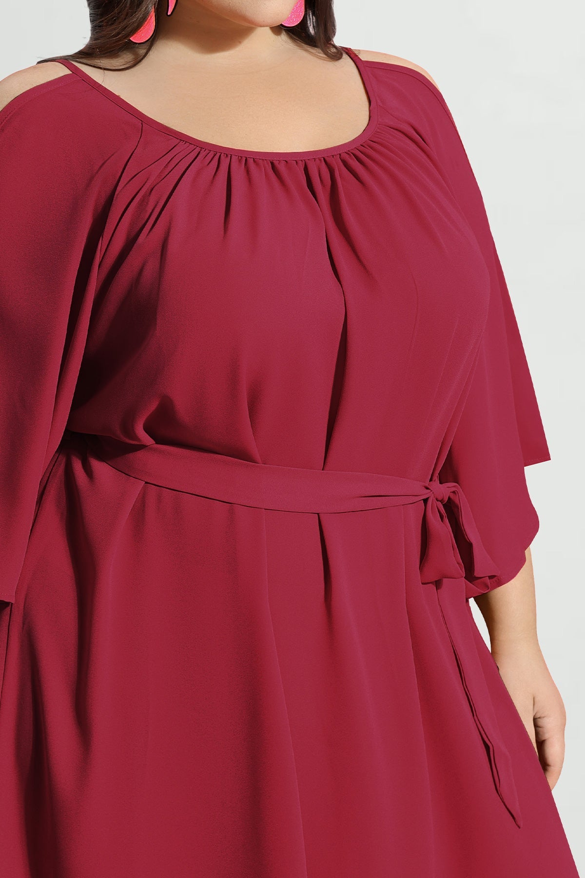 Solid Lace-up Crewneck Pleated Mini Dress