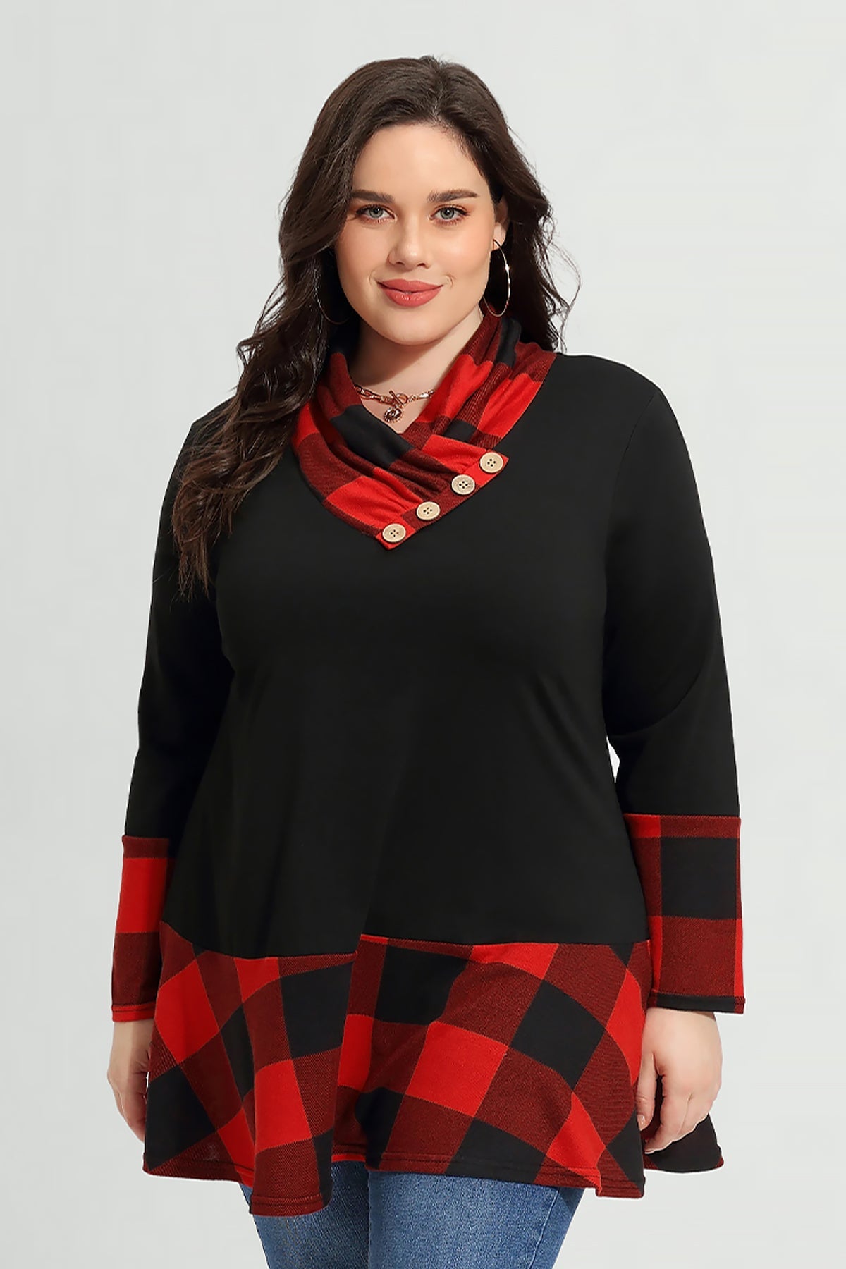 Colorblock Plaid Cowl Neck Tunic T-Shirt