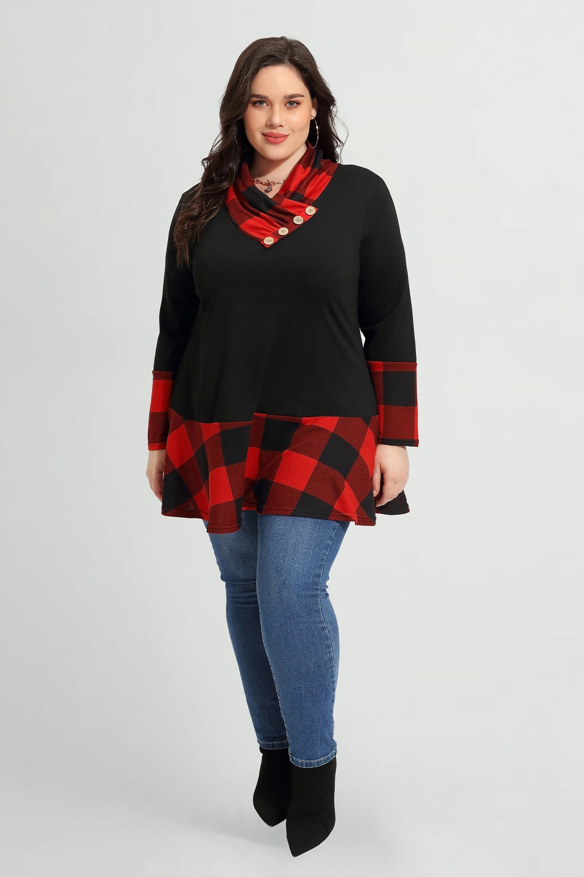 Colorblock Plaid Cowl Neck Tunic T-Shirt
