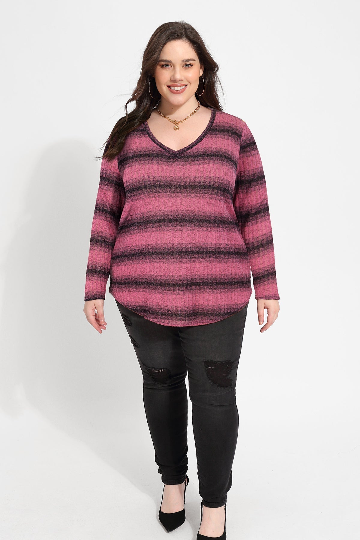 Ritera Striped V Neck Long Sleeve T-Shirt