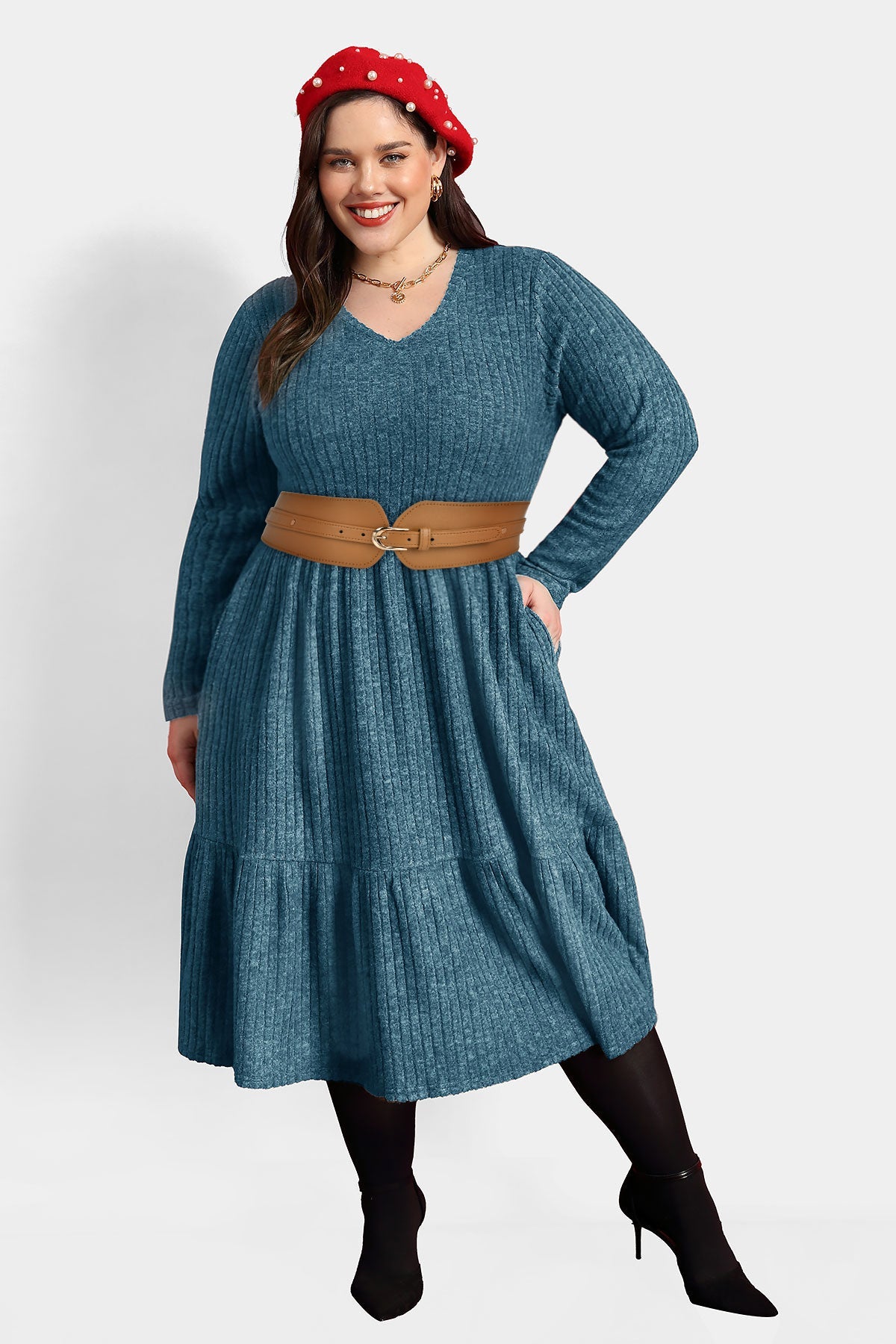 Pockets Rib Knit Elastic Midi Dress