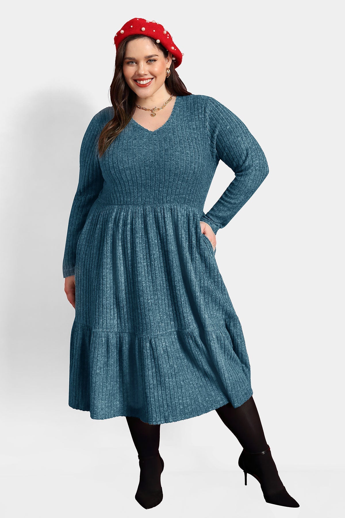 Ritera Solid Rib Knit Ruffle Hem Pleated Midi Dress With Pockets