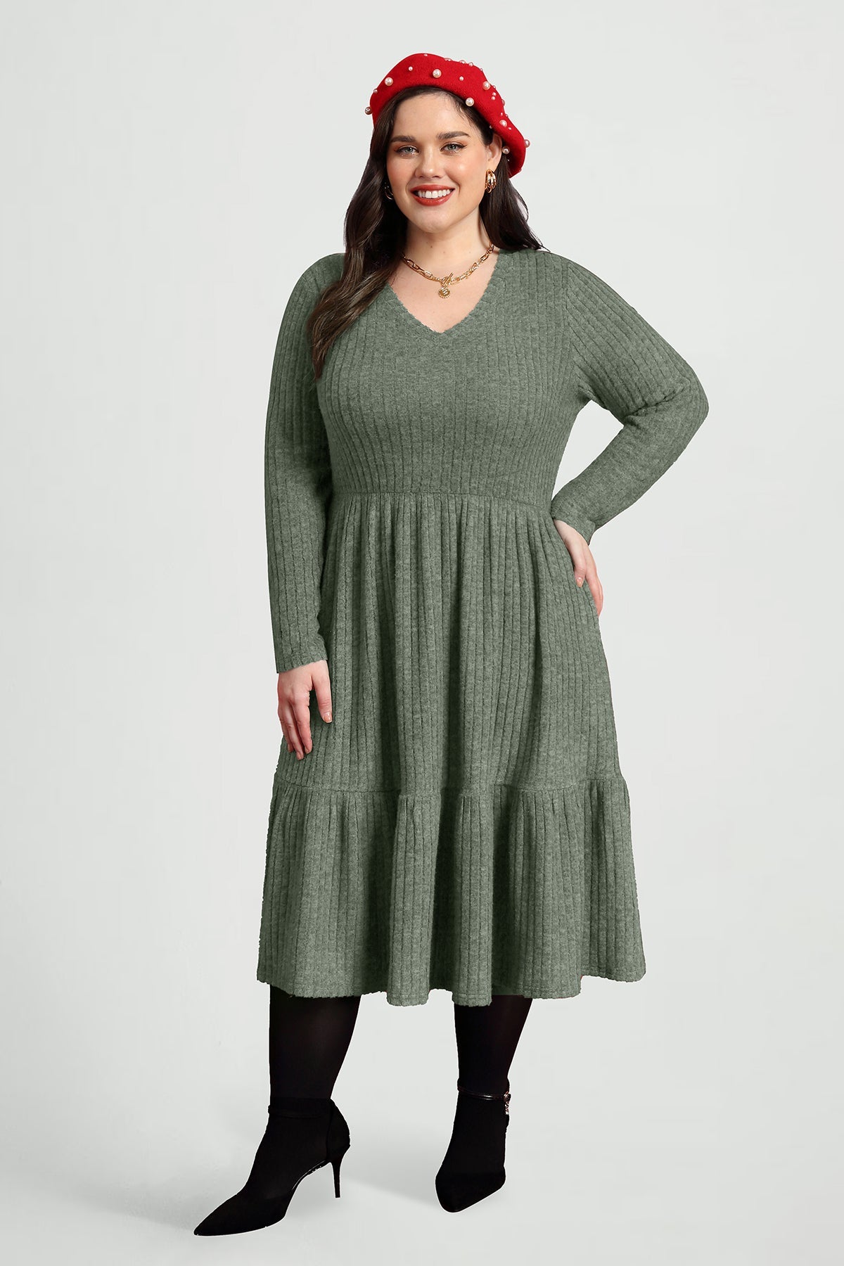 Pockets Rib Knit Elastic Midi Dress