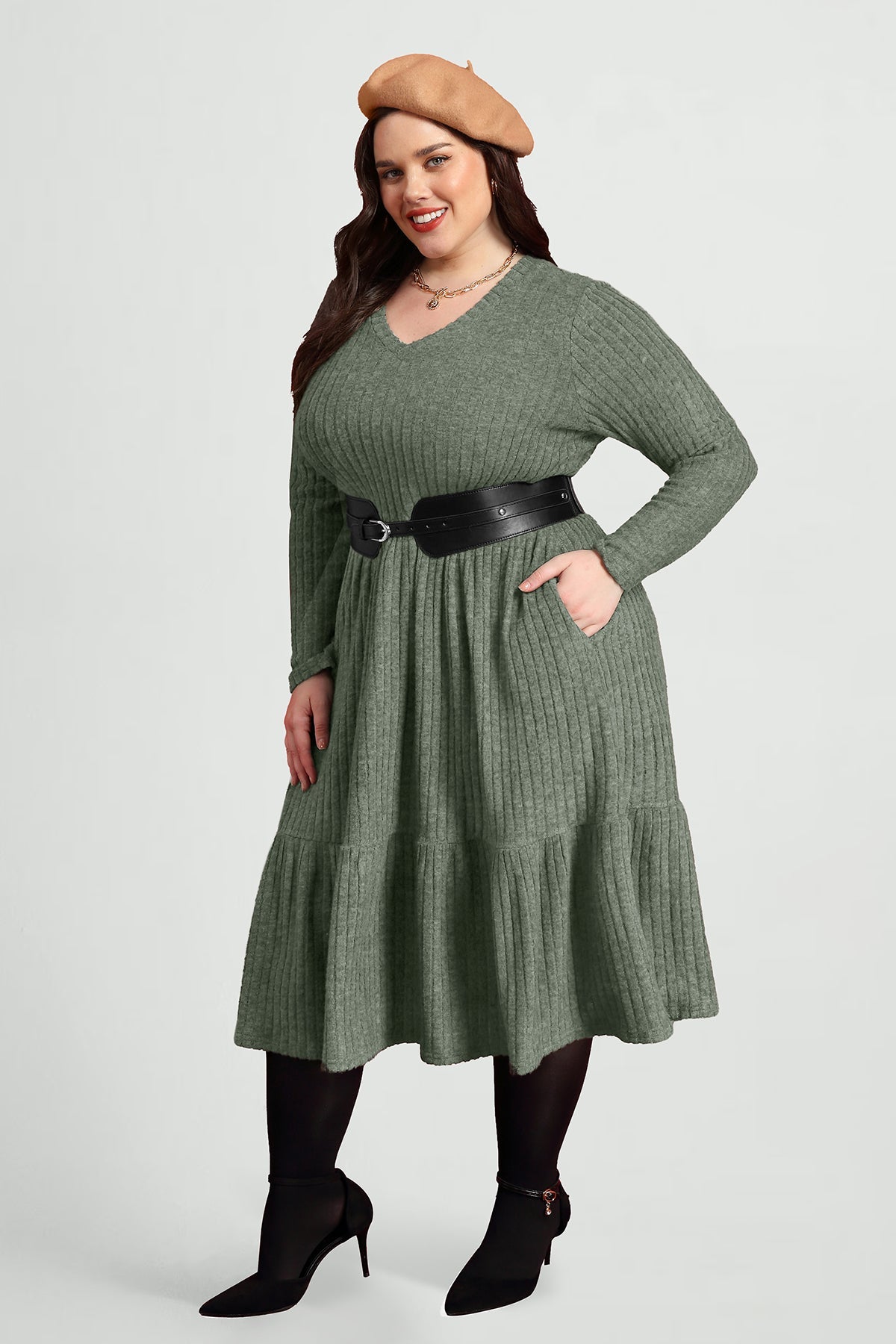 Pockets Rib Knit Elastic Midi Dress