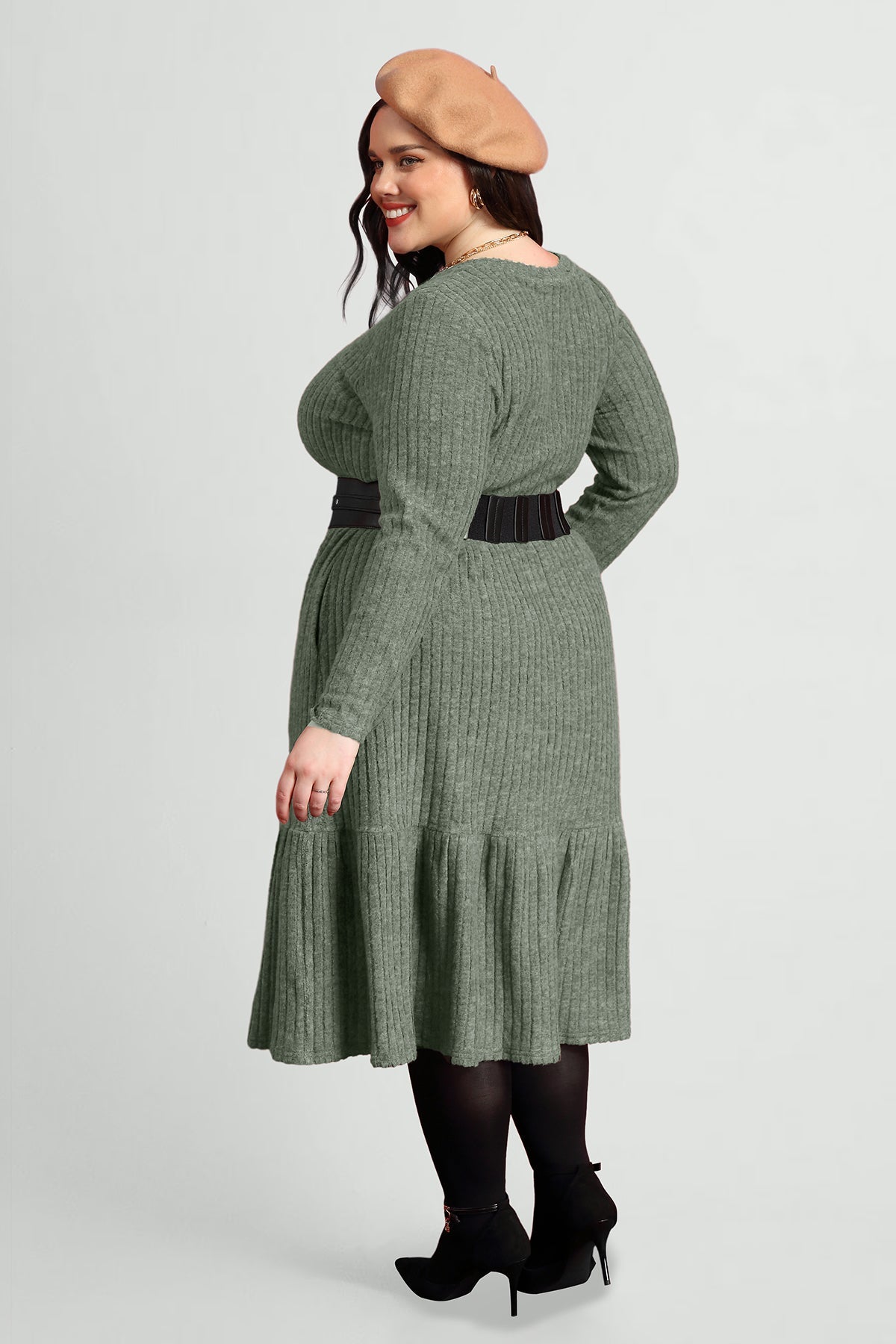 Pockets Rib Knit Elastic Midi Dress