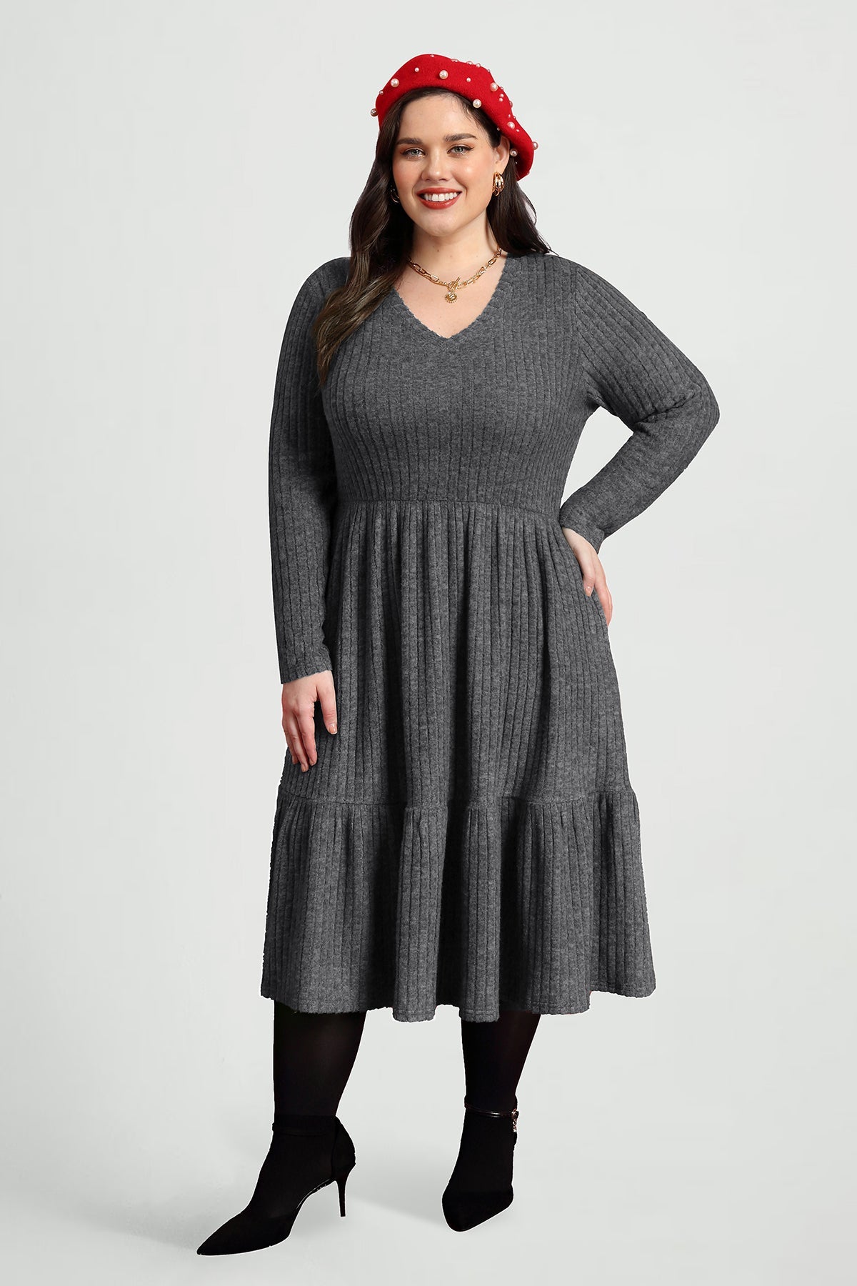 Pockets Rib Knit Elastic Midi Dress