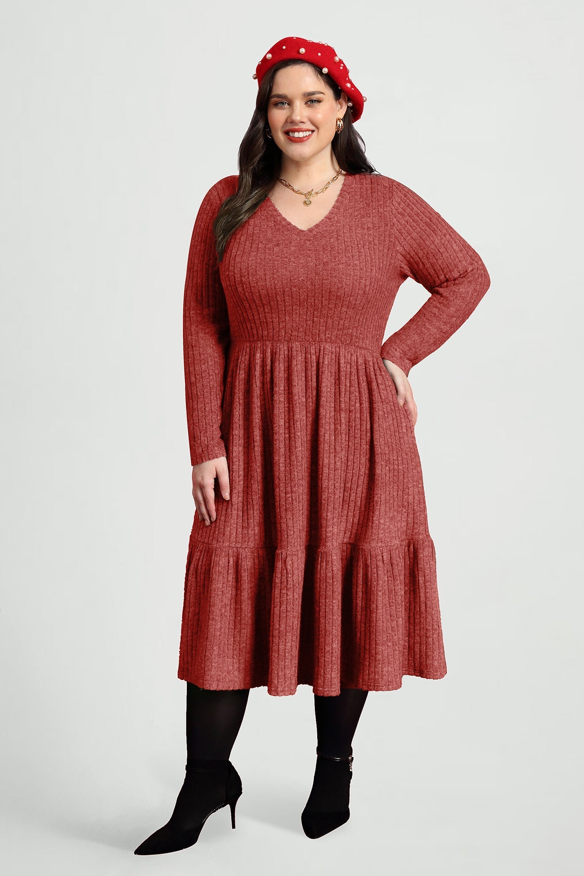 Pockets Rib Knit Elastic Midi Dress