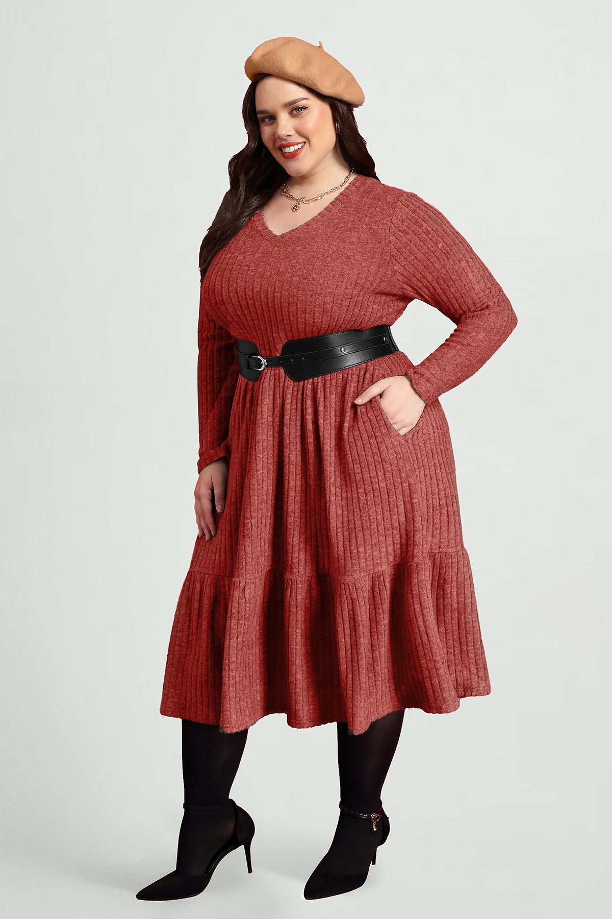 Pockets Rib Knit Elastic Midi Dress
