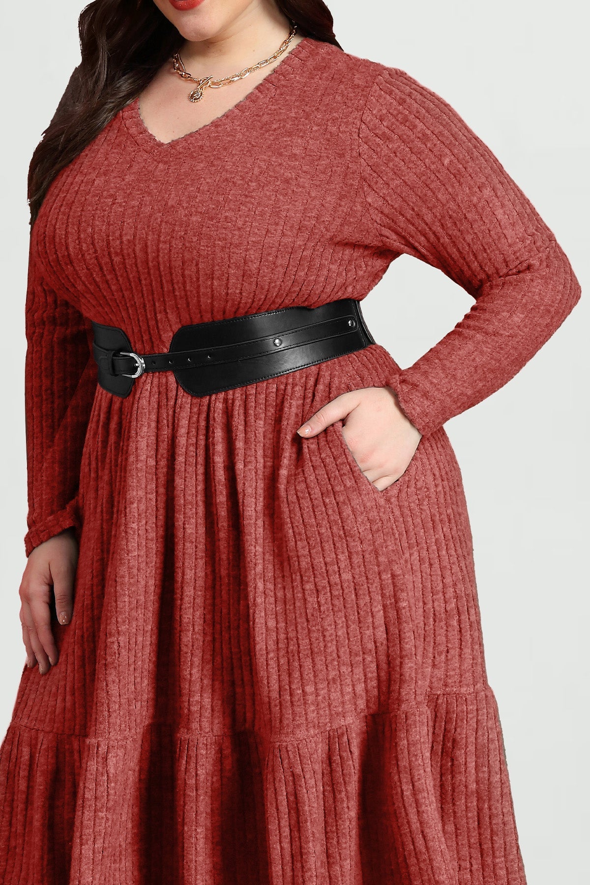 Pockets Rib Knit Elastic Midi Dress