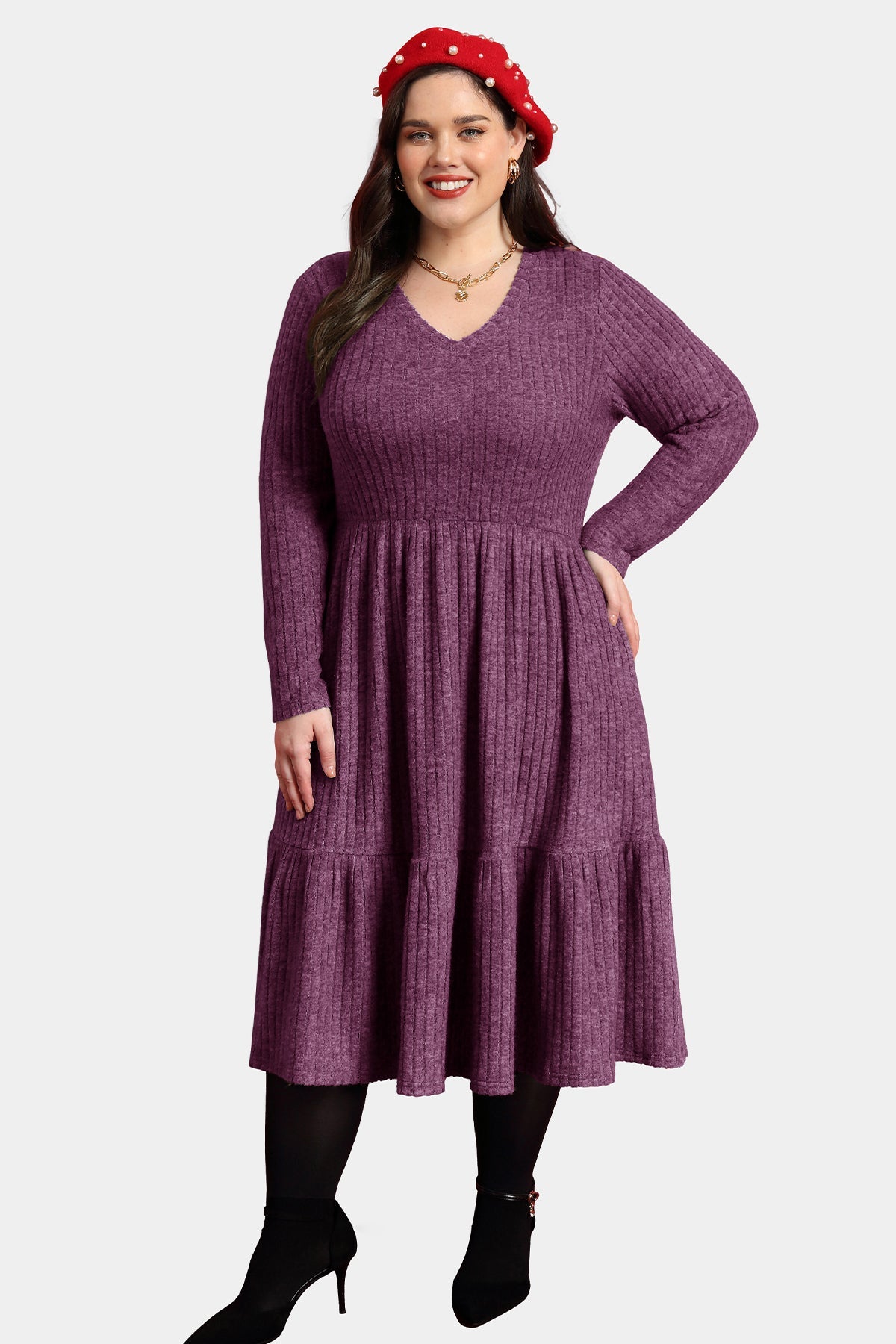 Pockets Rib Knit Elastic Midi Dress