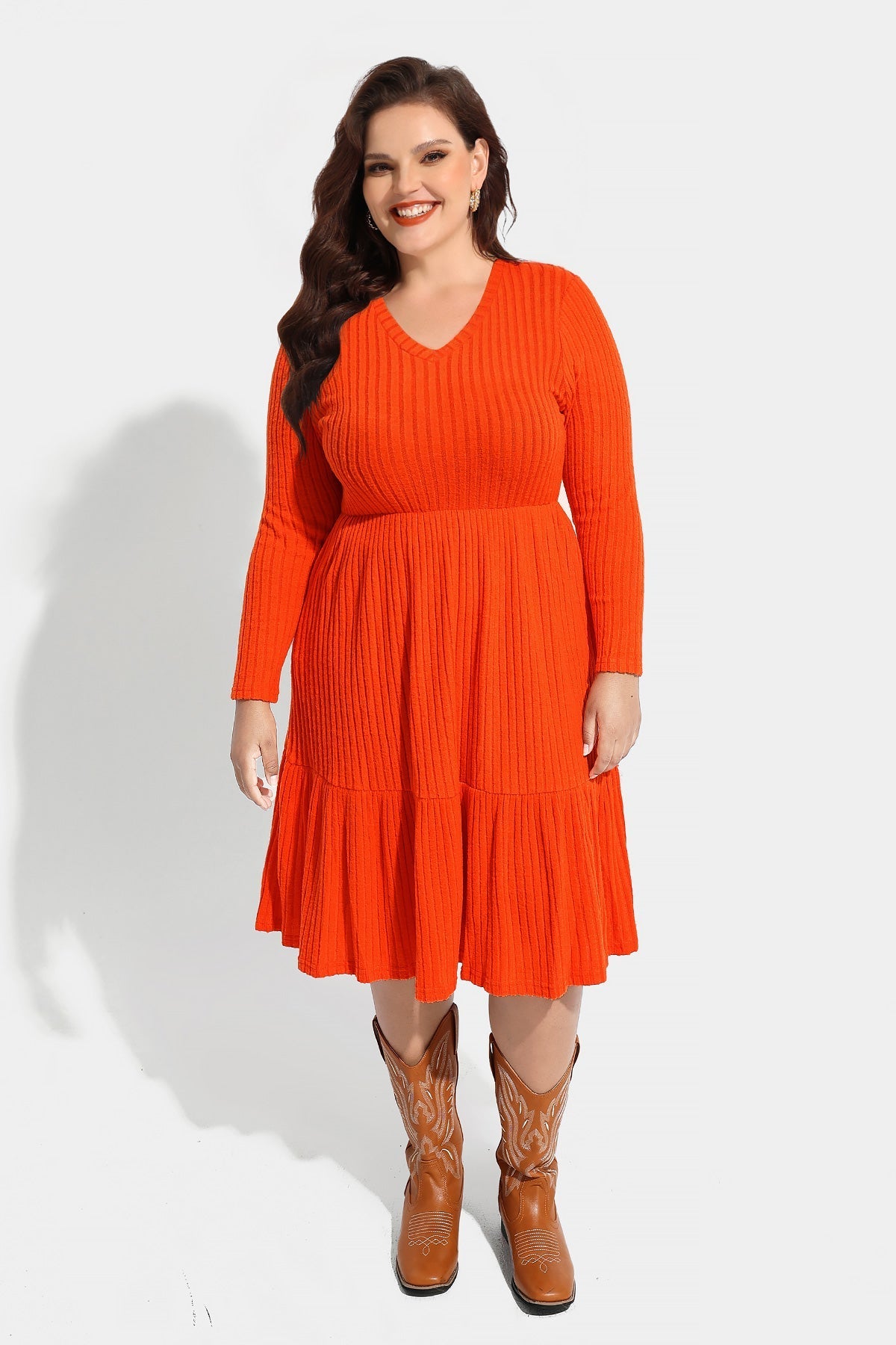 Ritera Solid Rib Knit Ruffle Hem Pleated Midi Dress With Pockets