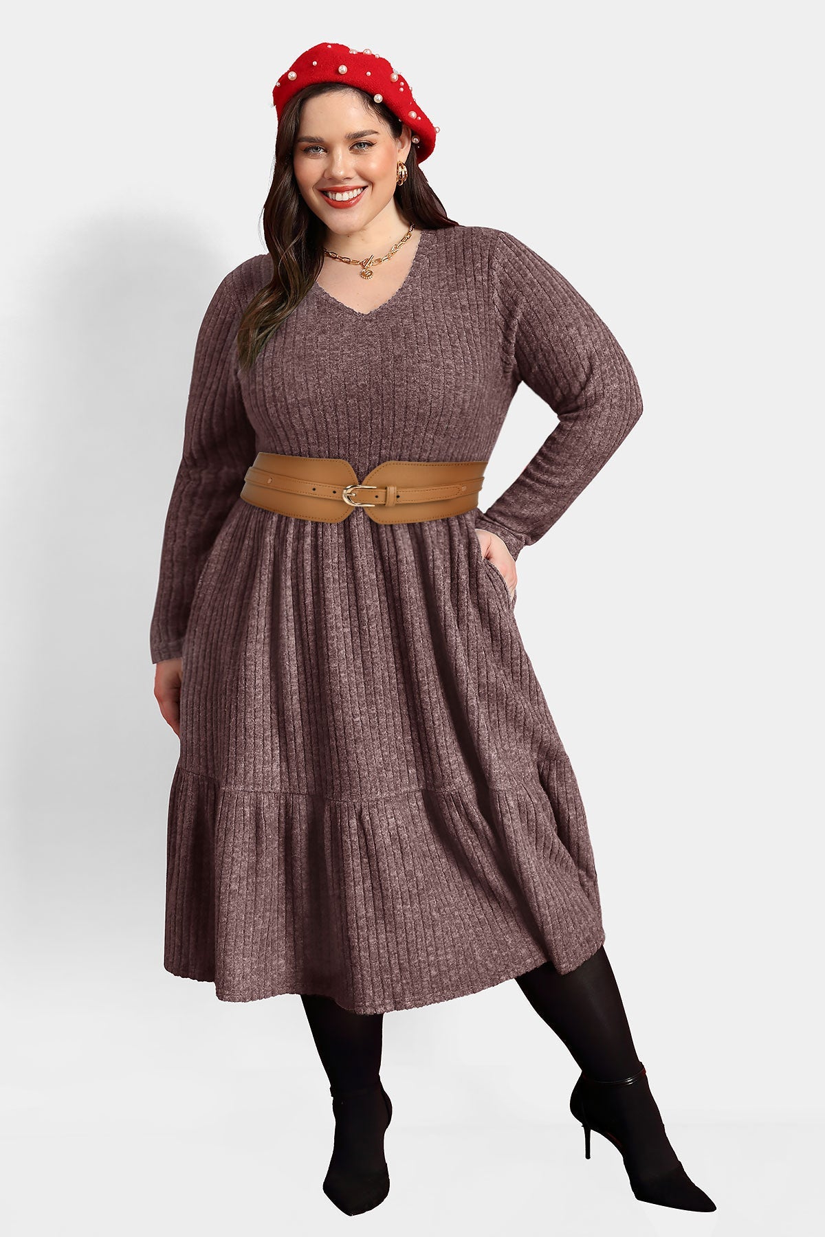 Ritera Solid Rib Knit Ruffle Hem Pleated Midi Dress With Pockets