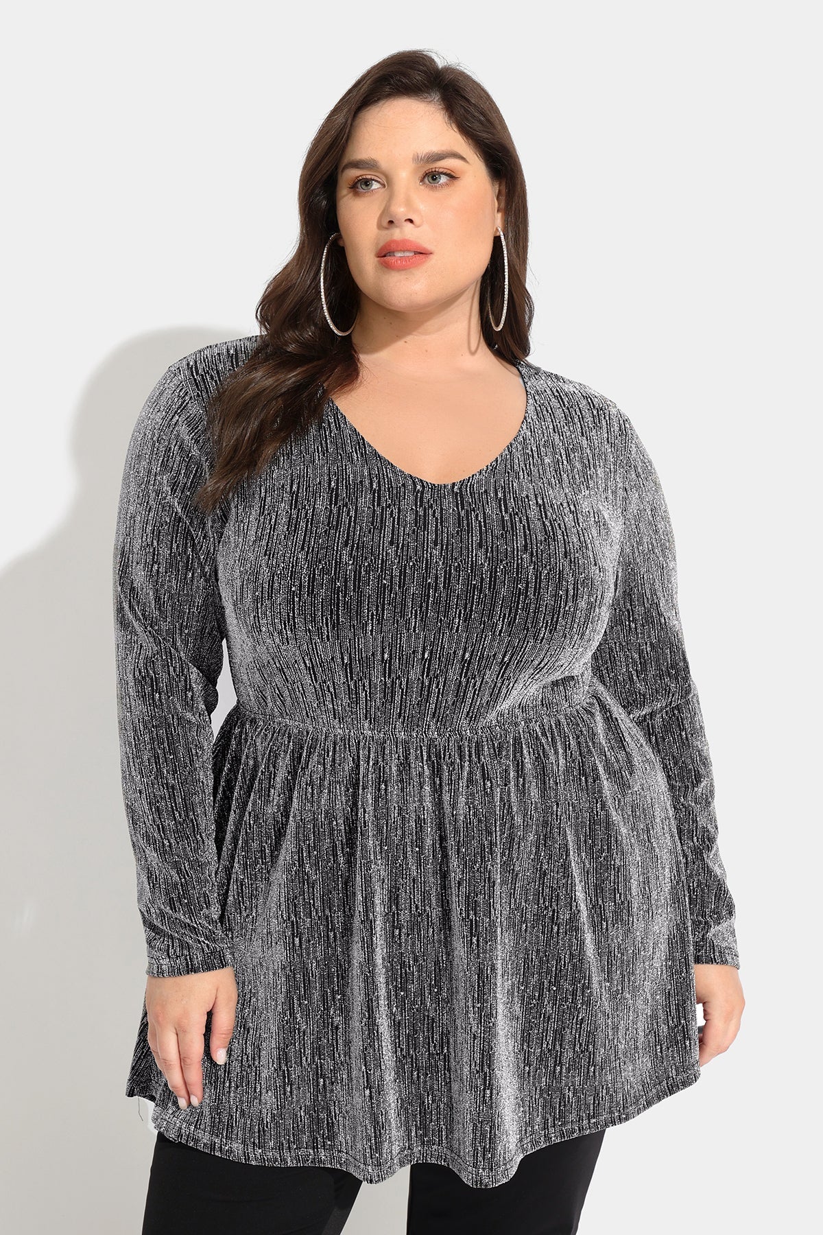 Elastic Waist Flowy Pleated Long Sleeve Tunic Shirt