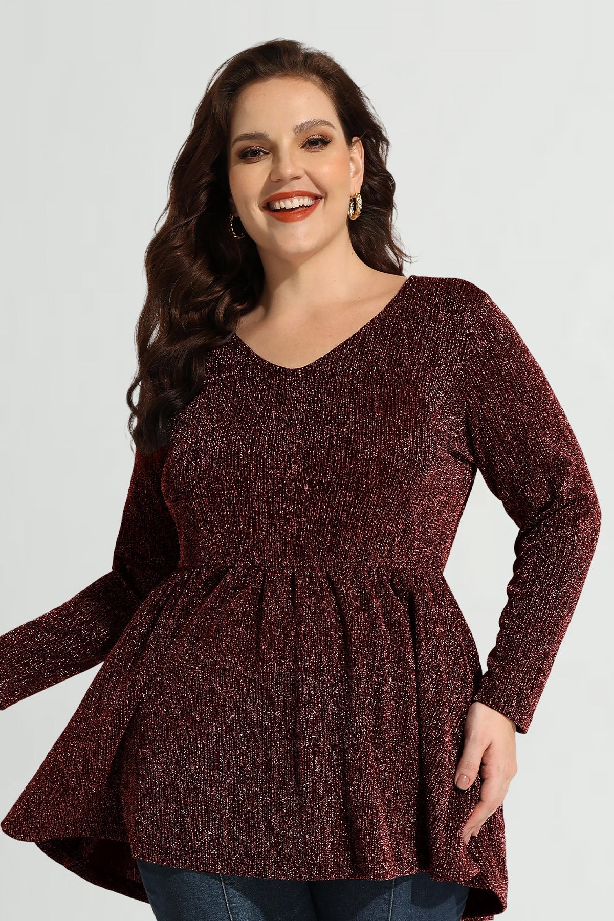 Elastic Waist Flowy Pleated Long Sleeve Tunic Shirt