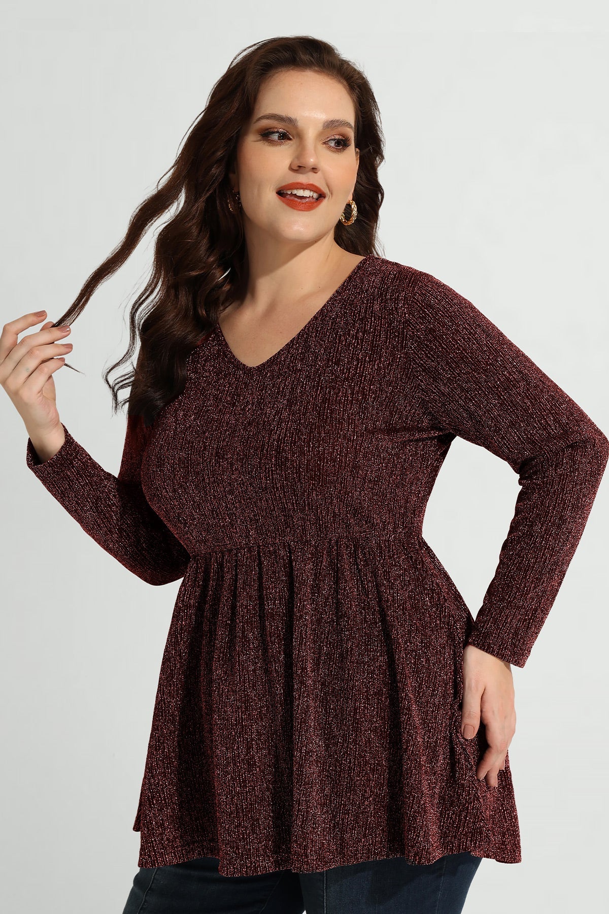 Elastic Waist Flowy Pleated Long Sleeve Tunic Shirt