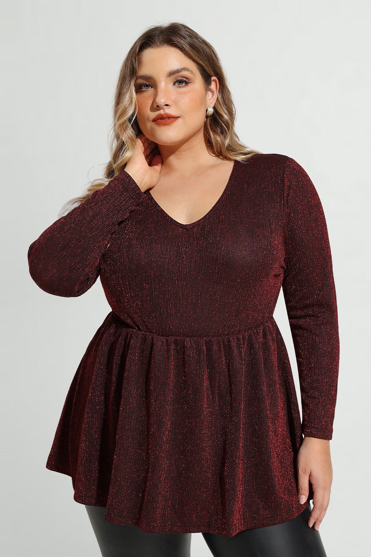 Elastic Waist Flowy Pleated Long Sleeve Tunic Shirt