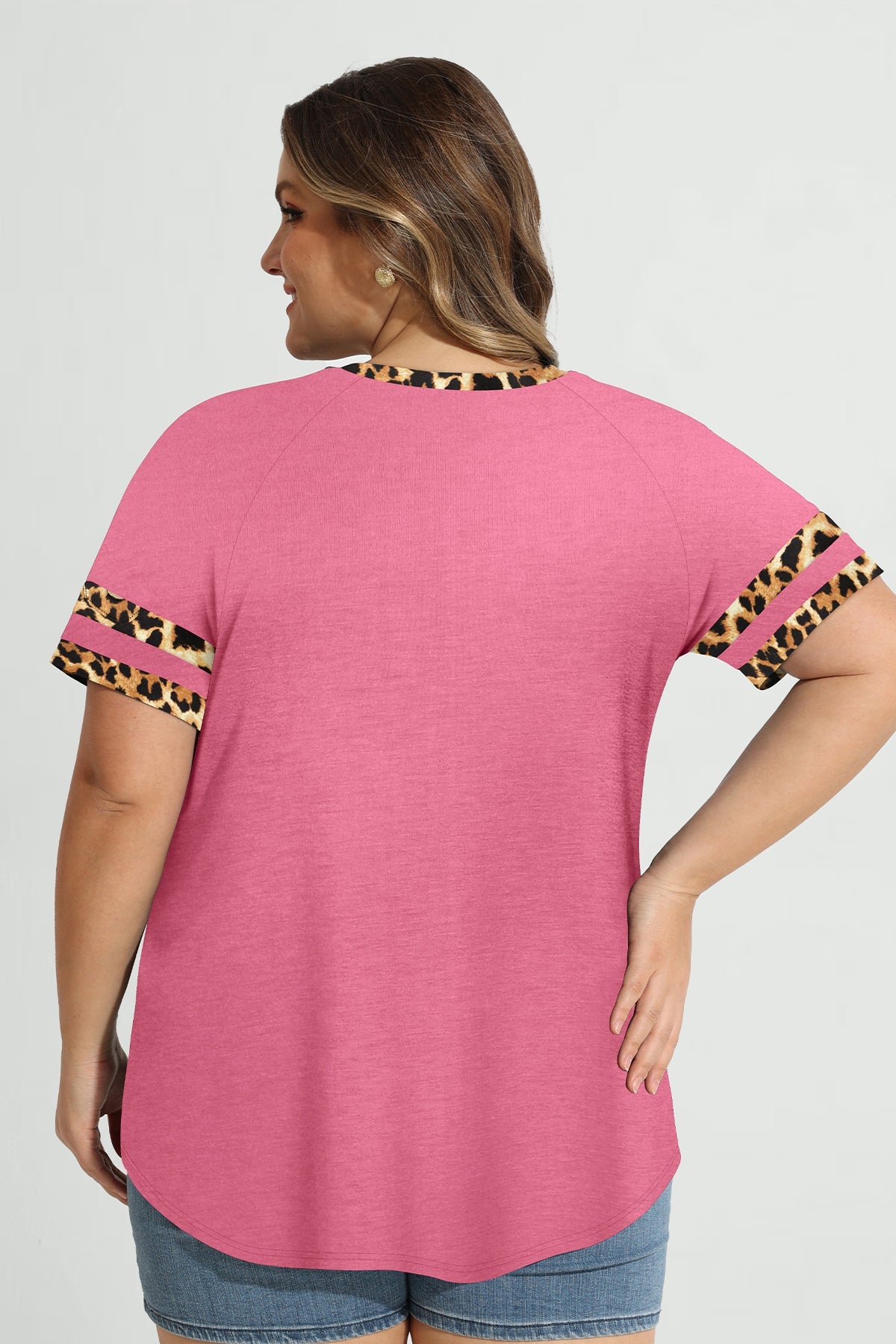 Contrast Leopard V Neck Short Sleeve T-Shirt