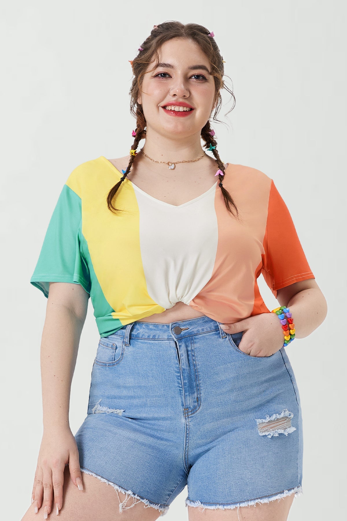 Multicolor Stripes Block V Neck T-Shirt