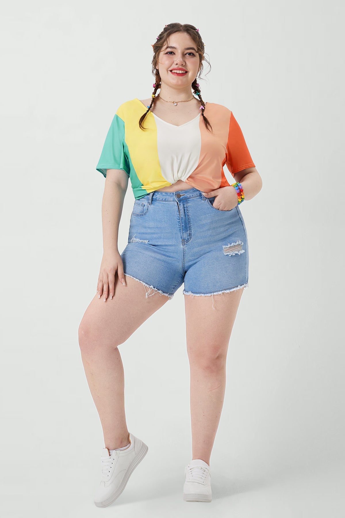 Multicolor Stripes Block V Neck T-Shirt