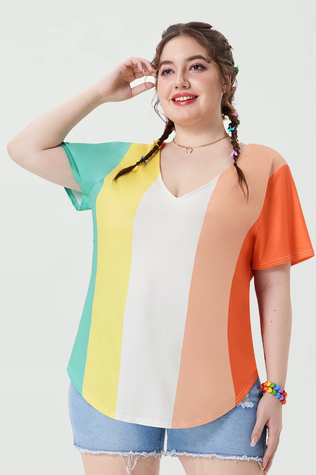 Multicolor Stripes Block V Neck T-Shirt