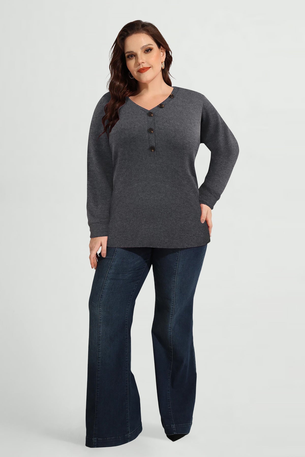 Essential Solid Button V Neck Long Sleeve T-Shirt