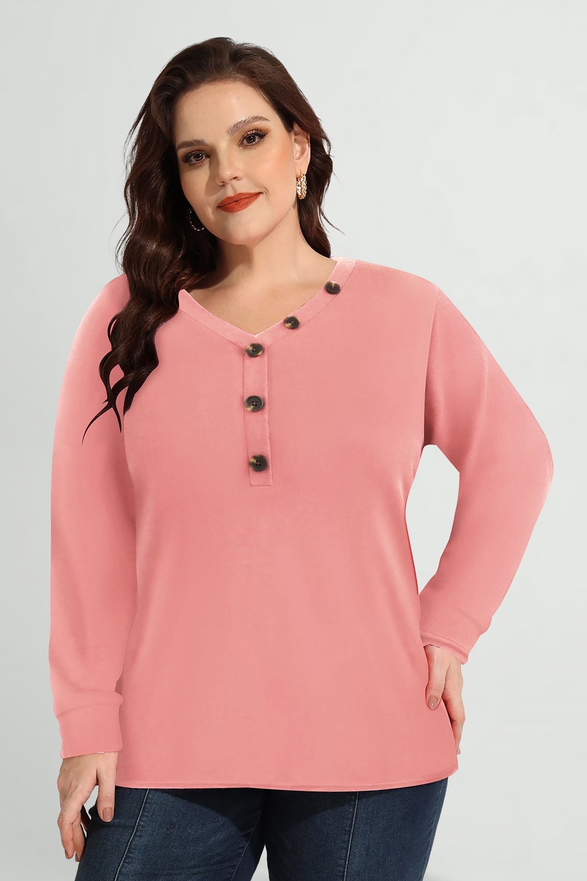 Essential Solid Button V Neck Long Sleeve T-Shirt