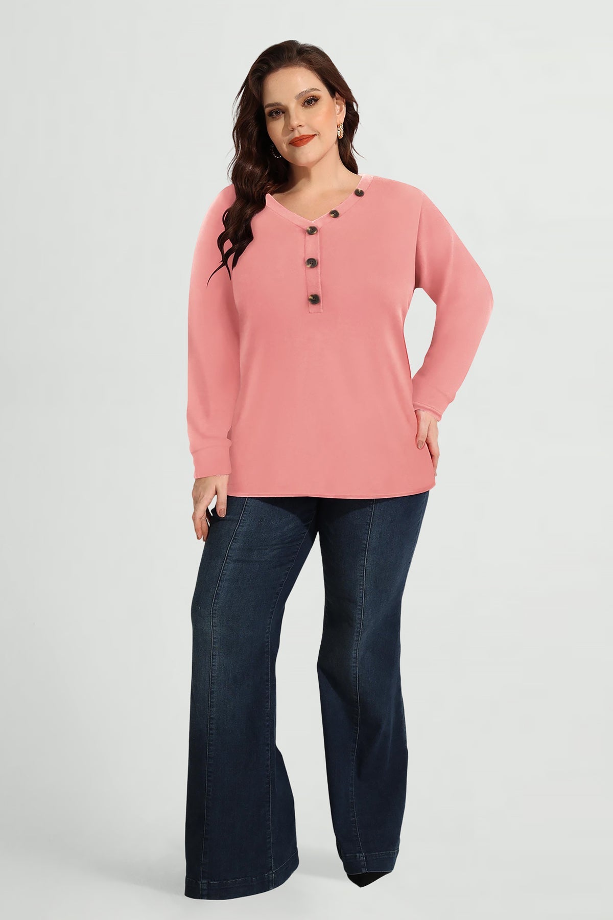 Essential Solid Button V Neck Long Sleeve T-Shirt