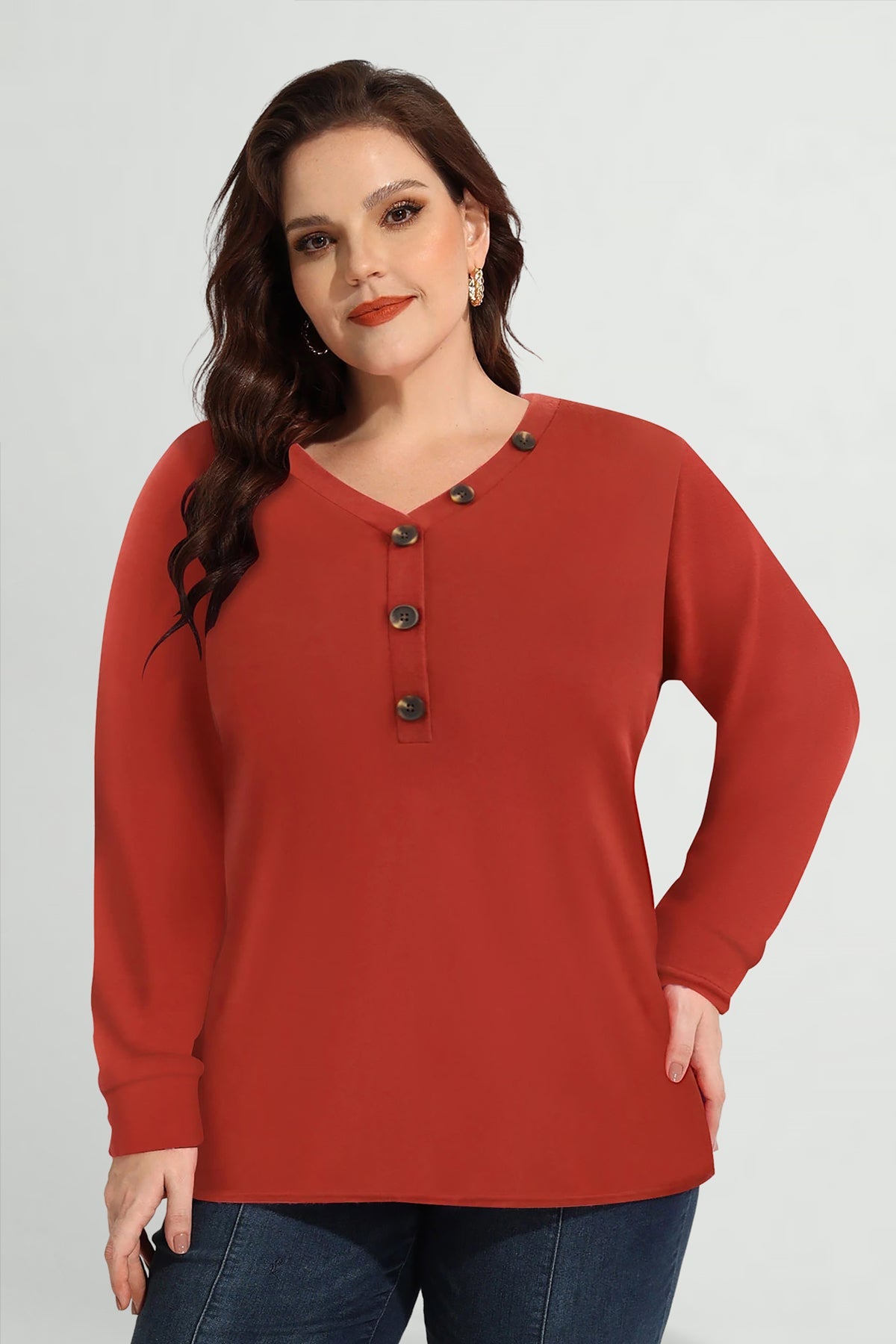 Essential Solid Button V Neck Long Sleeve T-Shirt