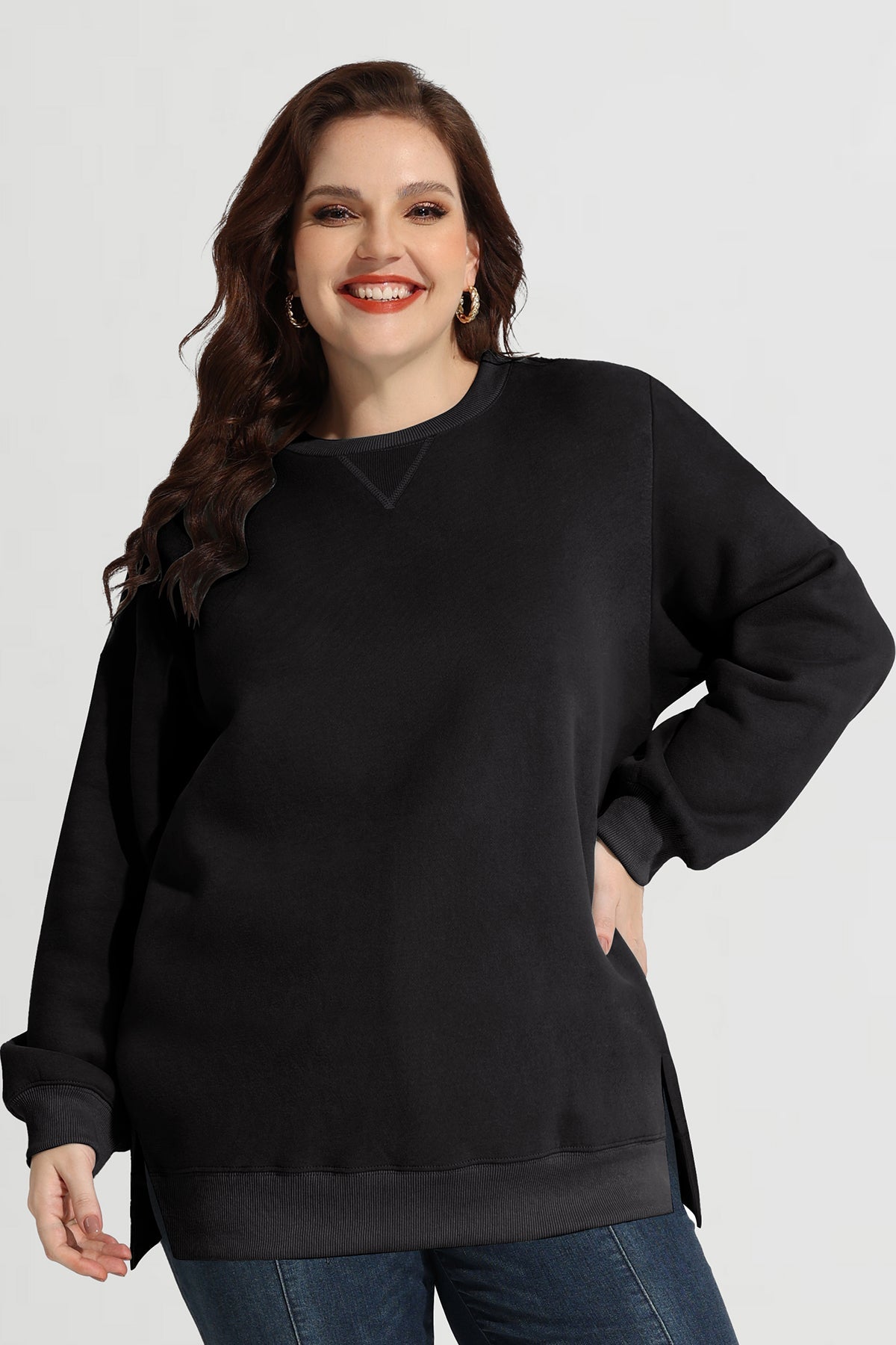 Solid Split Hem Long Sleeve Basic Sweatshirt