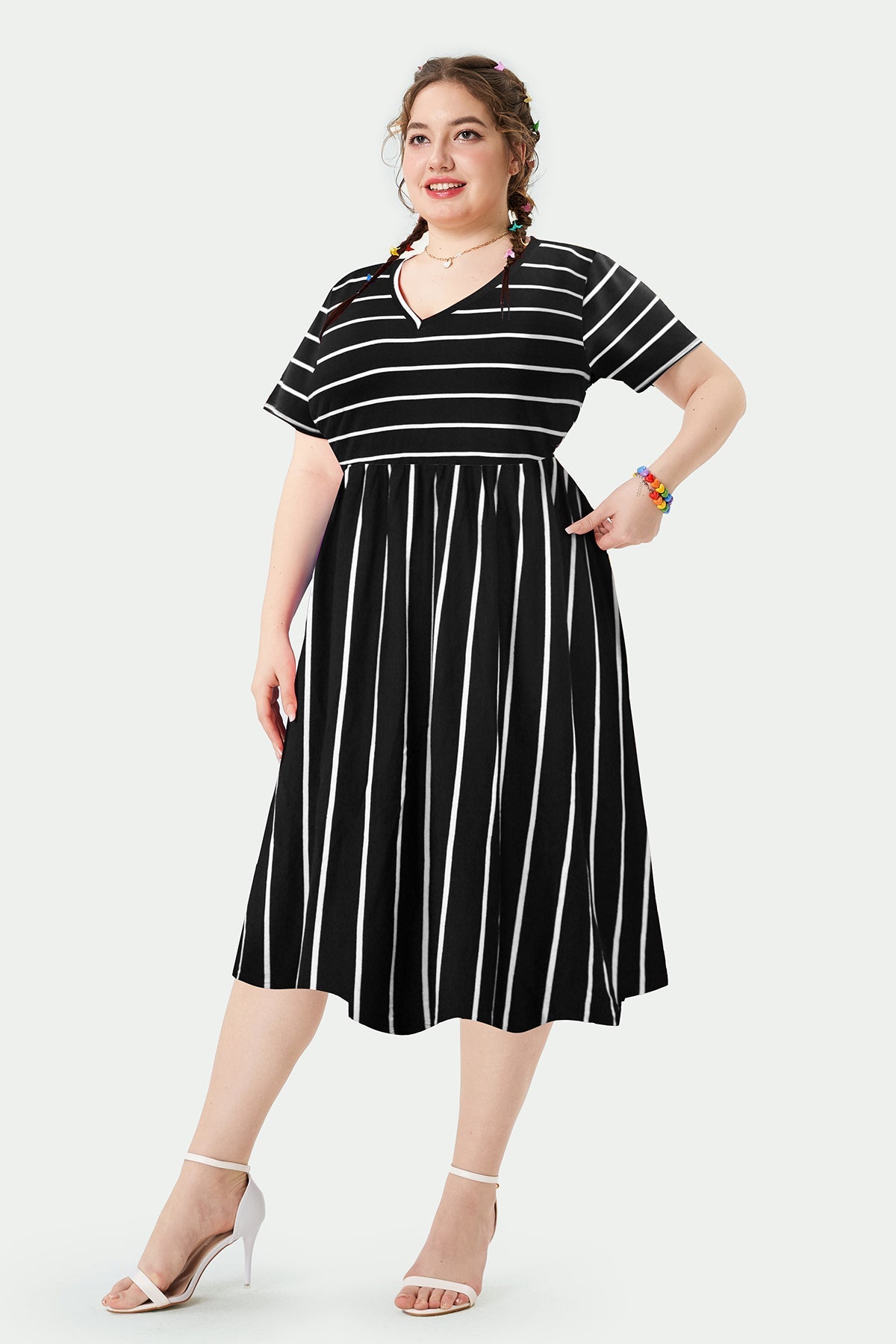 Pocket Rainbow Striped V Neck Midi Dress