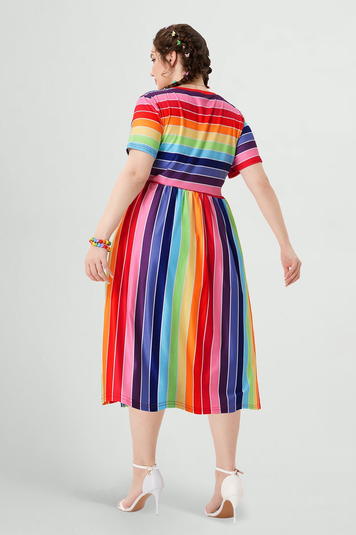 Pocket Rainbow Striped V Neck Midi Dress