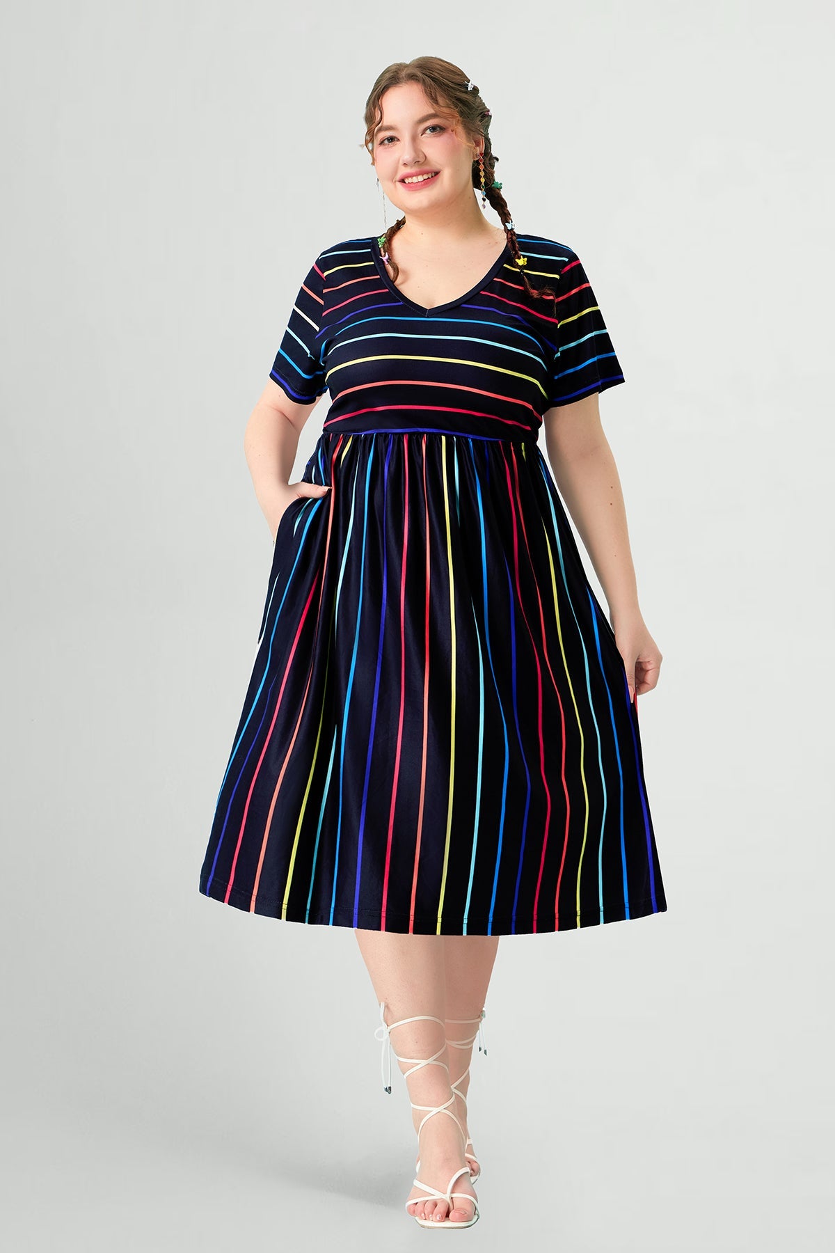 Pockets Elastic Rainbow Striped Midi Dress