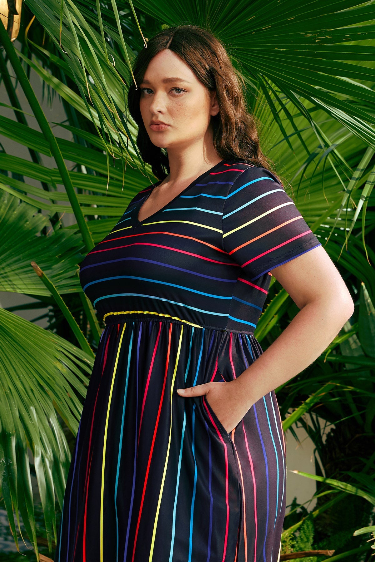 Pockets Elastic Rainbow Striped Midi Dress