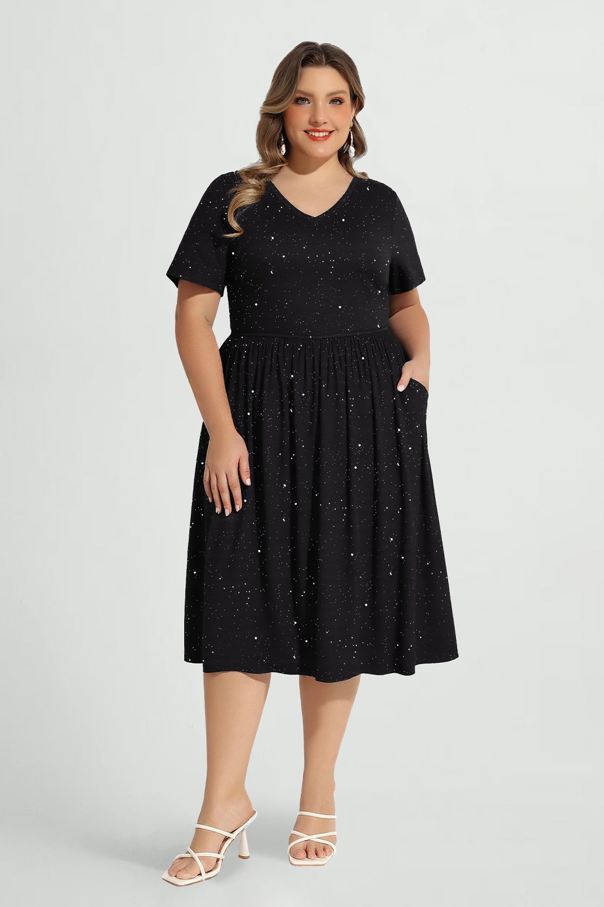 Pockets Floral Print Elastic Waist A-line Midi Dress