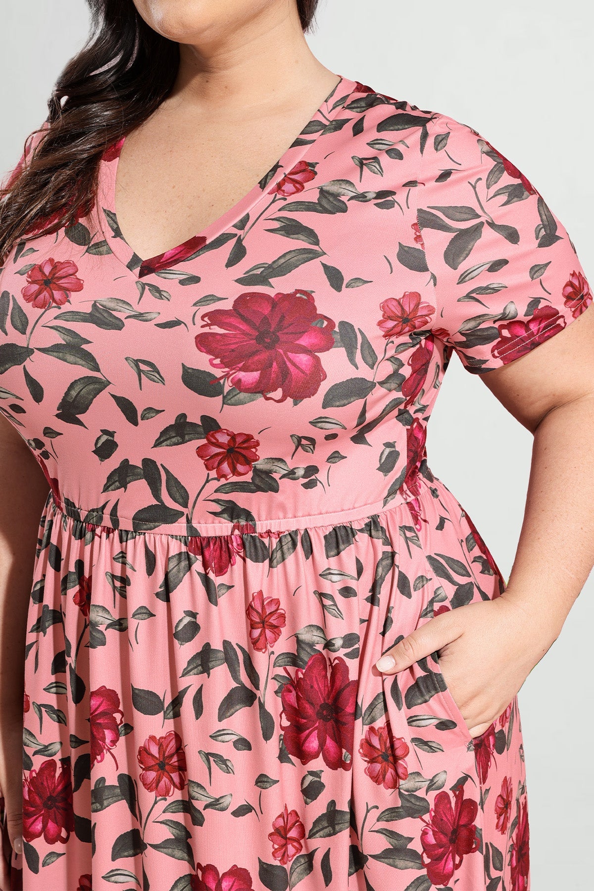 Pockets Floral Print Elastic Waist A-line Midi Dress
