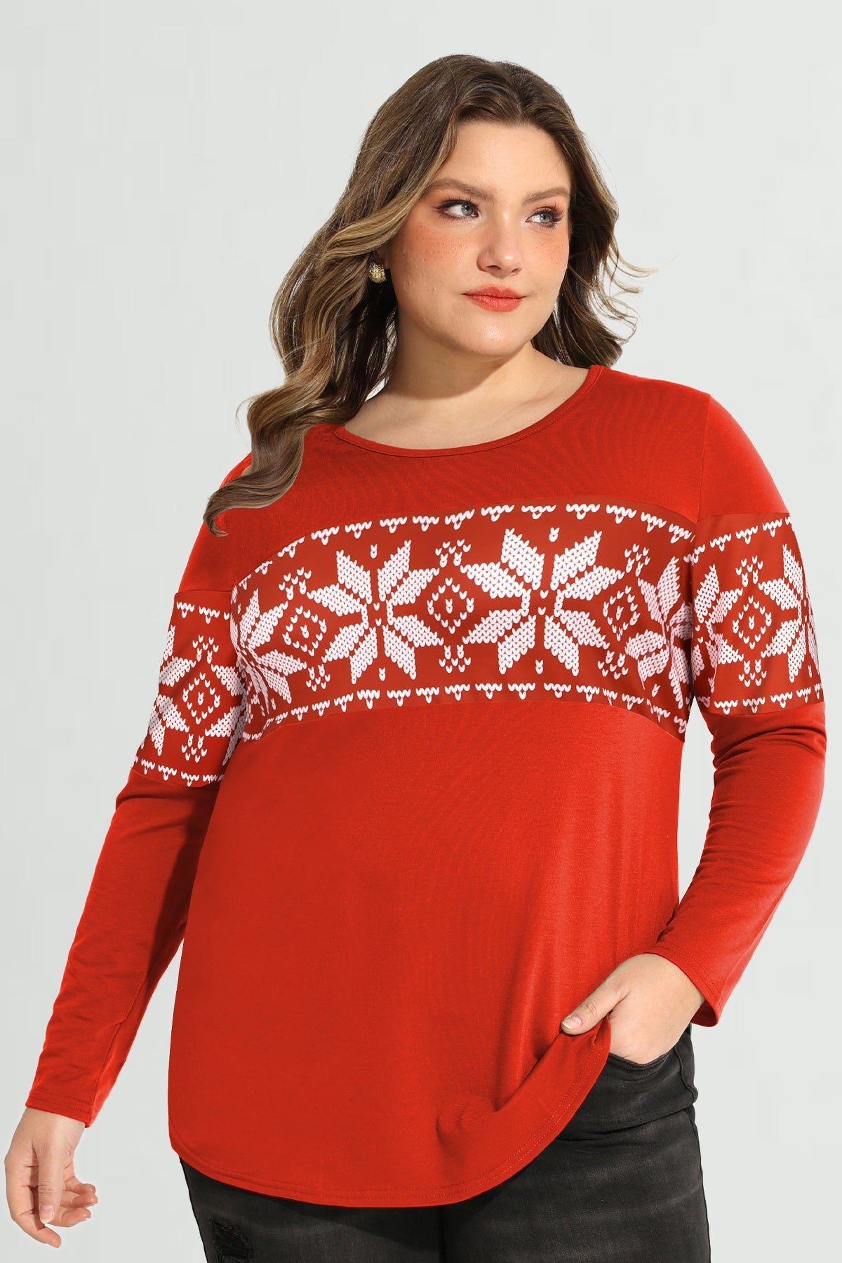 Ritera Colorblock Snowflake Print Long Sleeve T-Shirt