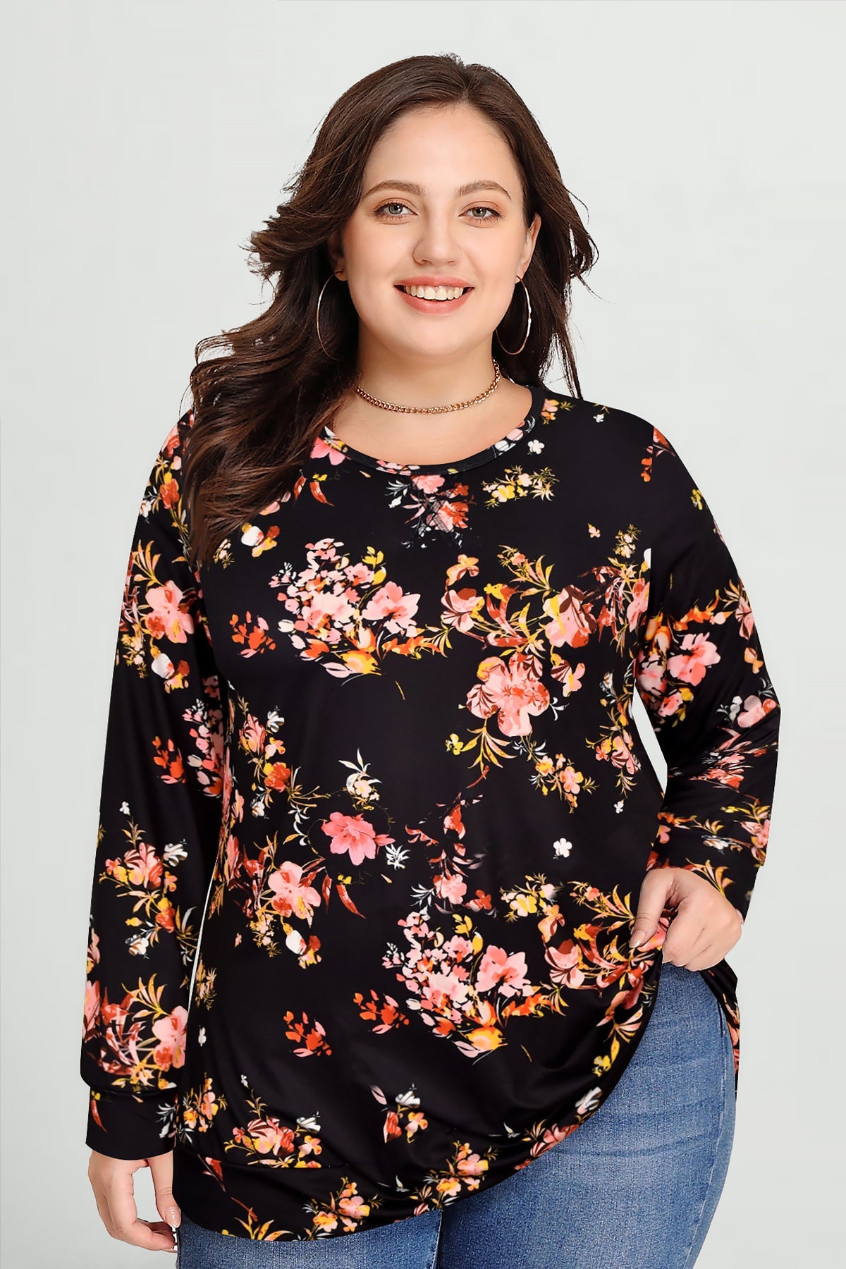 Ritera Black Bloom Casual Floral Print Long Sleeve T-Shirt
