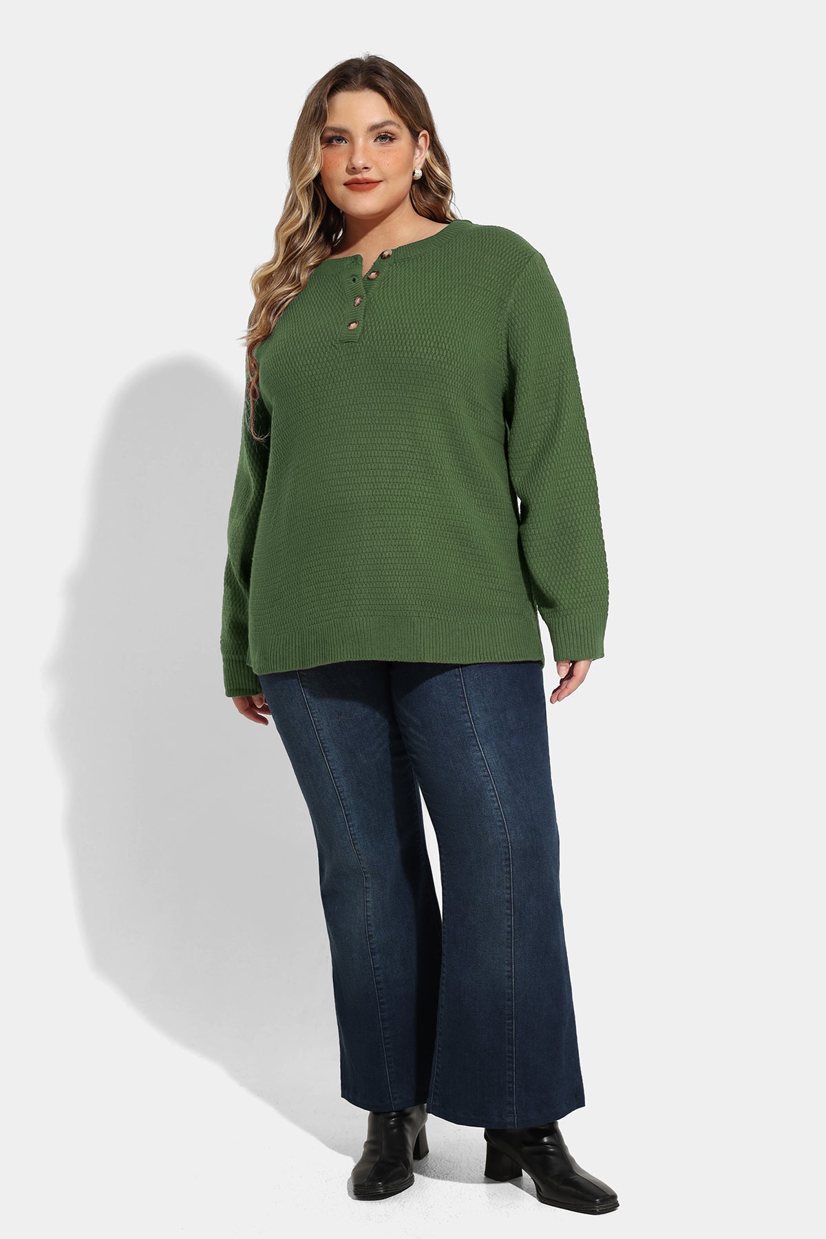 Button Up Neckline Texture Woolen Sweater