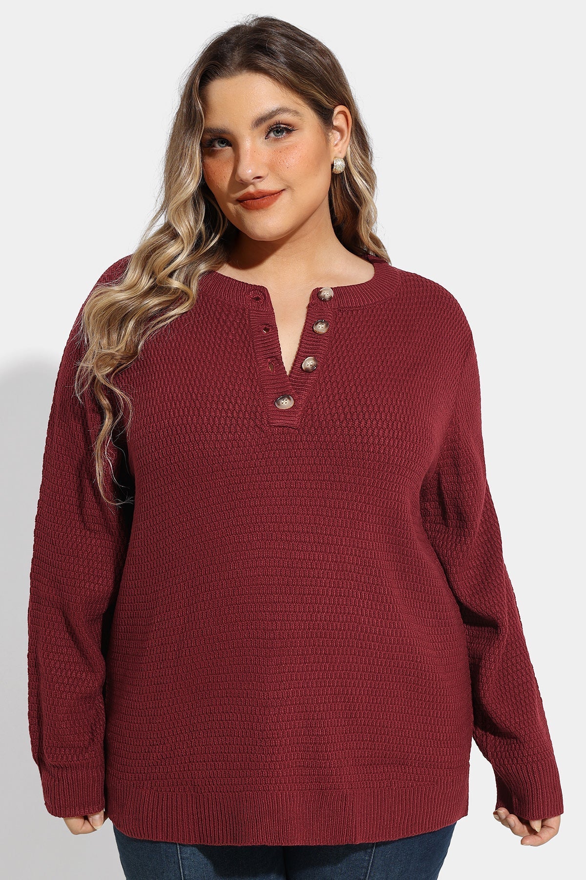 Button Up Neckline Texture Woolen Sweater