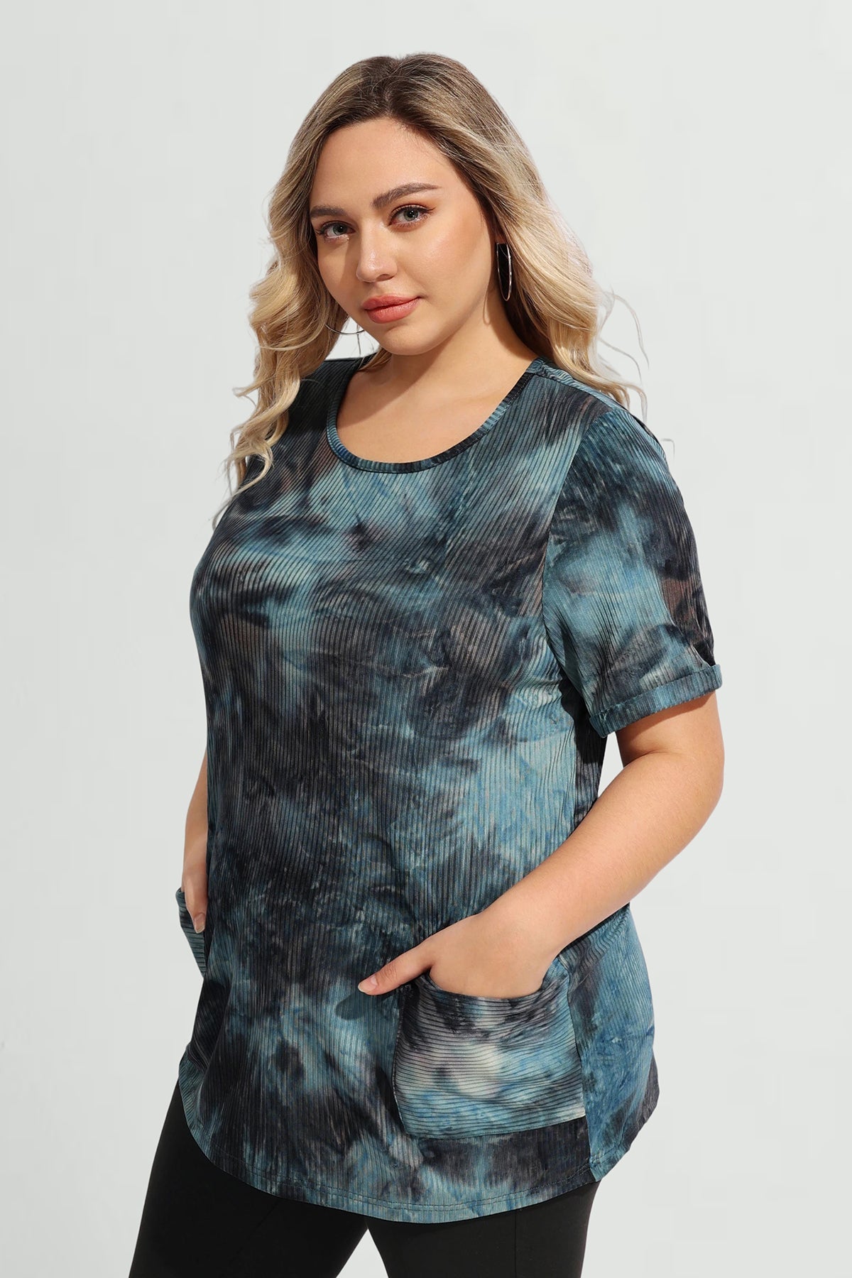 Ritera Tie Dye Texture Crew Neck Pockets Tunic T-Shirt