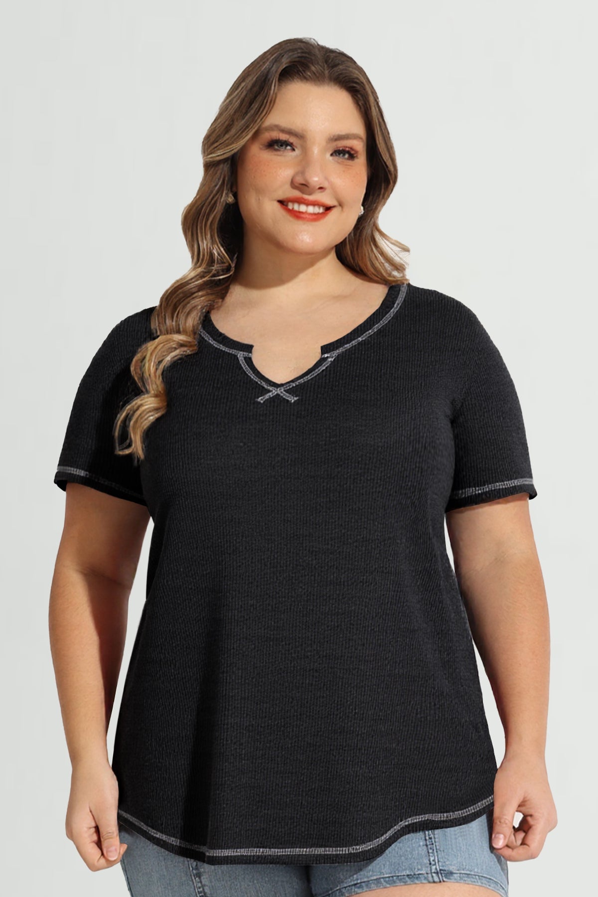 Solid Lined Edge Sexy Notched V Neck T-Shirt