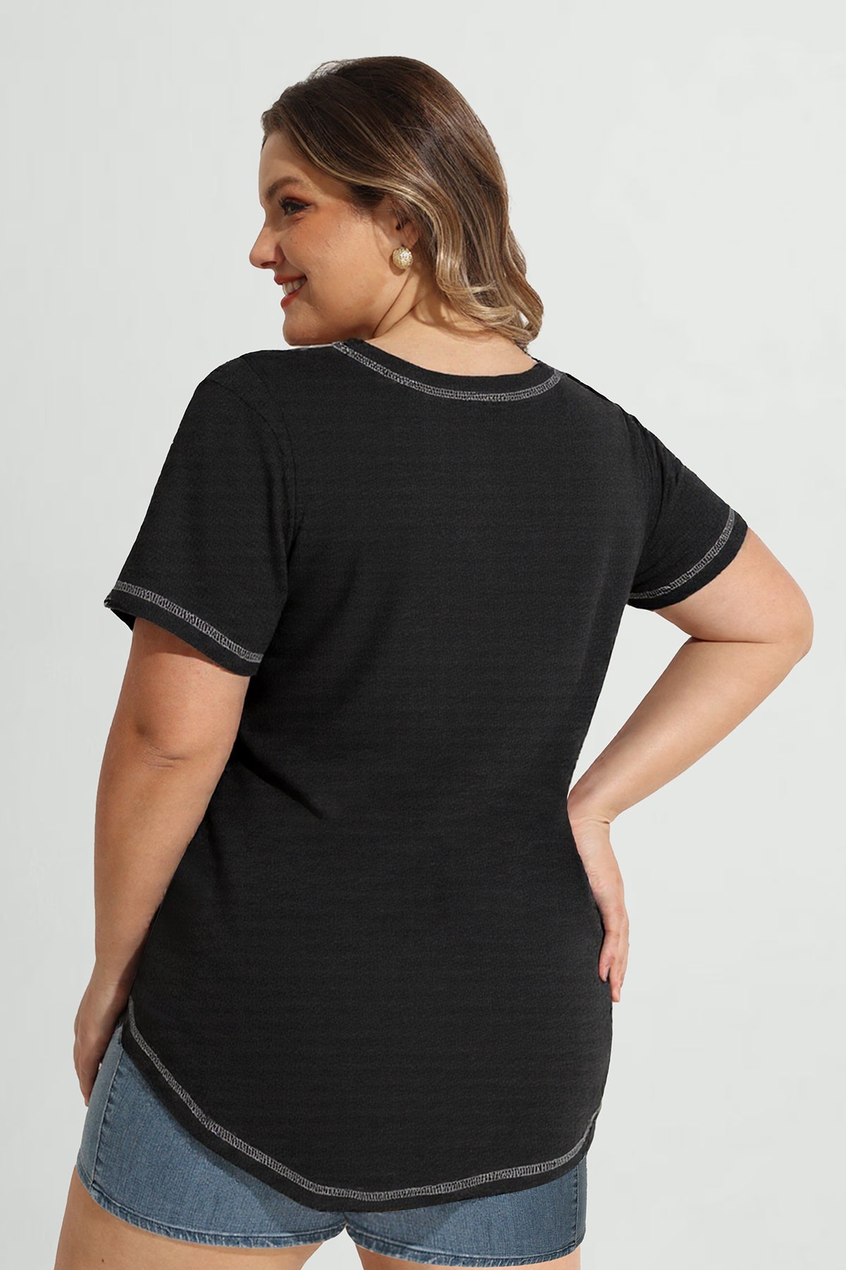 Solid Lined Edge Sexy Notched V Neck T-Shirt