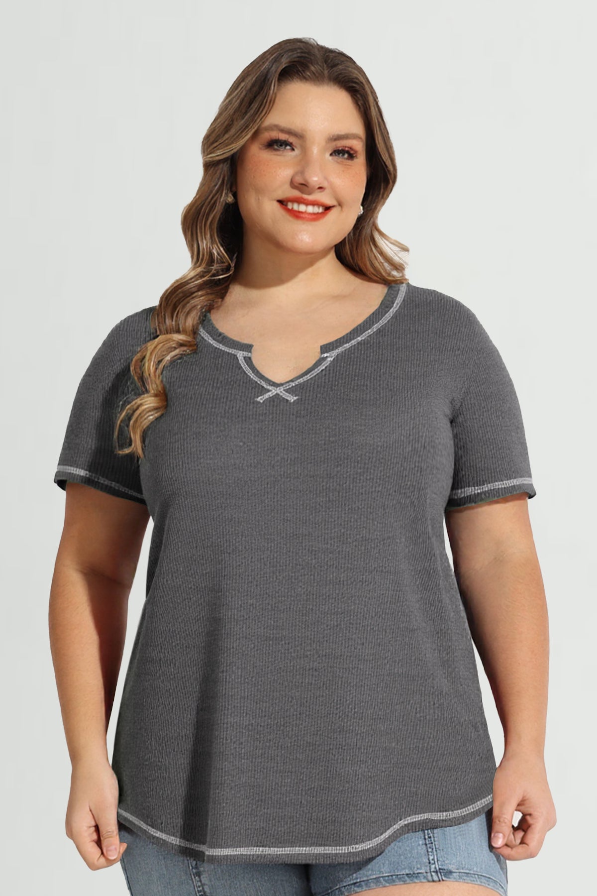 Solid Lined Edge Sexy Notched V Neck T-Shirt