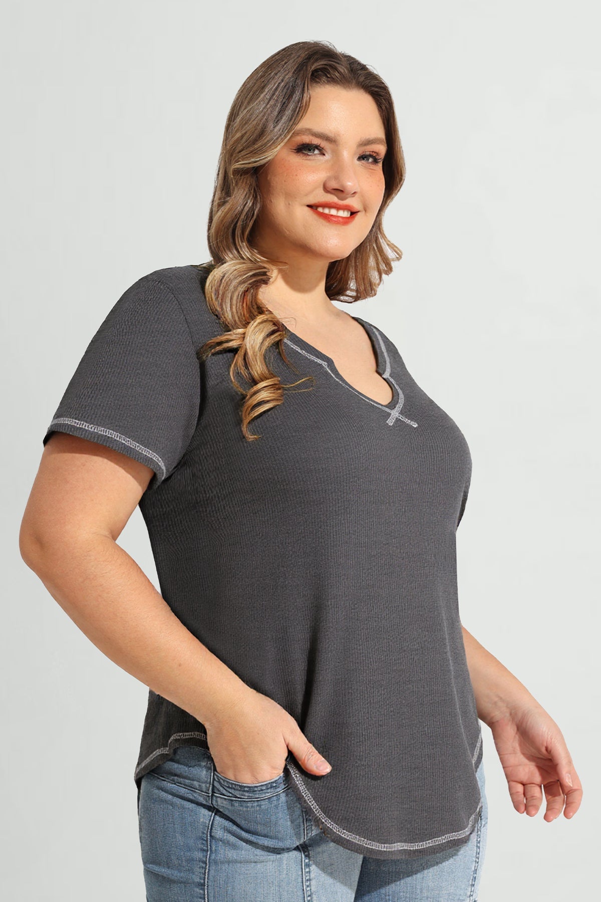 Solid Lined Edge Sexy Notched V Neck T-Shirt