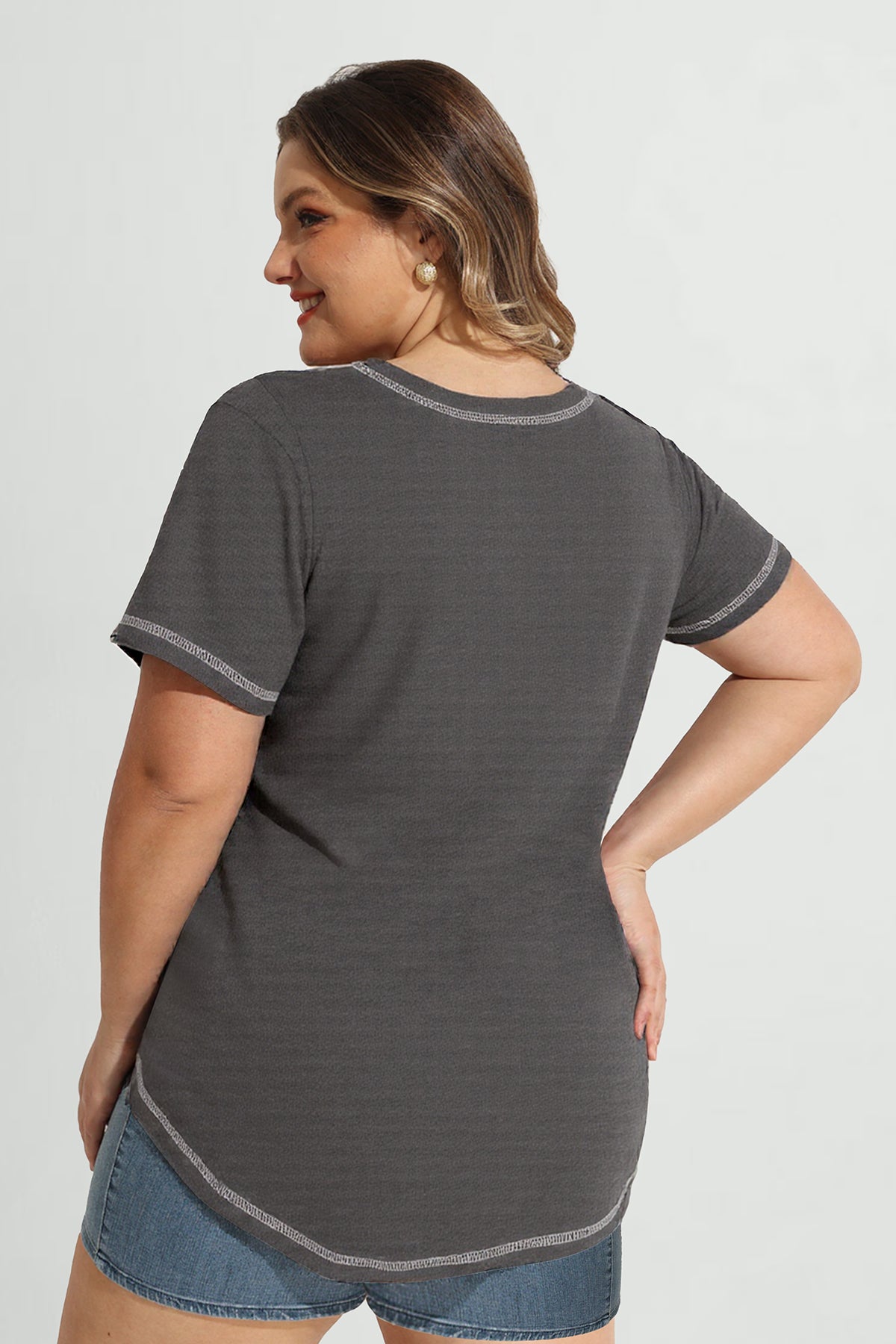 Solid Lined Edge Sexy Notched V Neck T-Shirt